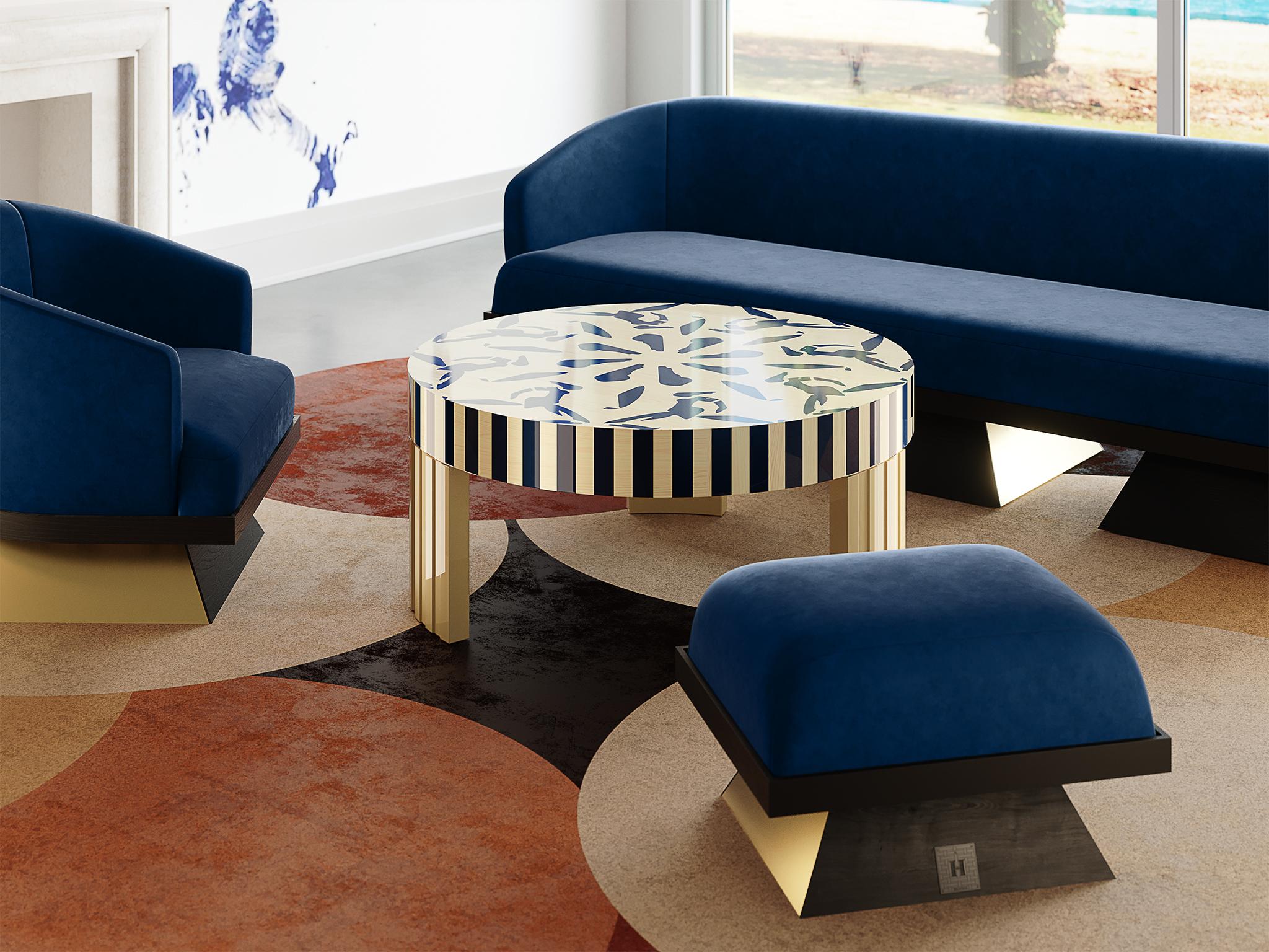 Contemporary Minimal Modern Round Center Coffee Table Klein Blue Abstract  Wood Marquetry For Sale