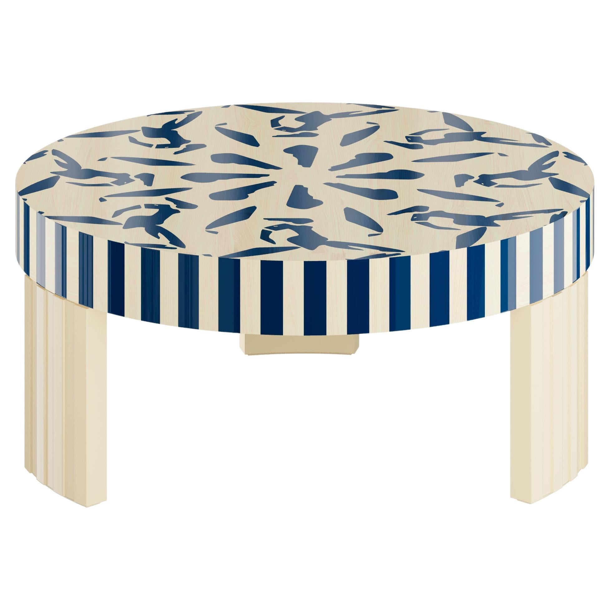 Mid-Century Modern Center Coffee Table Yves Blue & White Wood Marquetry