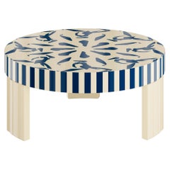 Minimal Modern Round Center Coffee Table Klein Blue Abstract  Wood Marquetry