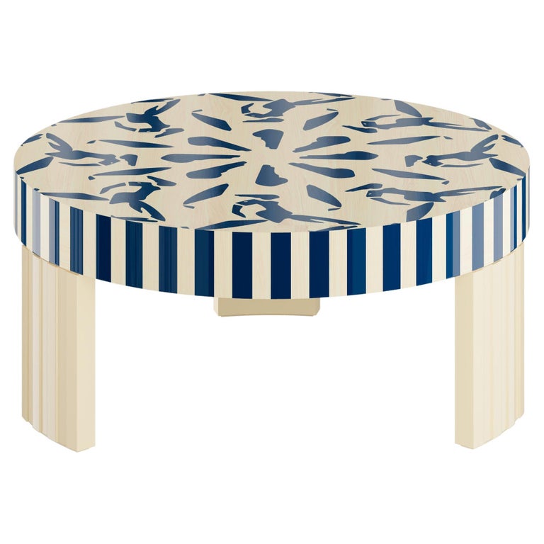 Mid-Century Modern Center Coffee Table Yves Blue & White Wood Marquetry For Sale