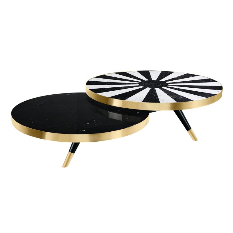 MidCentury Modern Round Center Table Set With Leather, Marquetry and