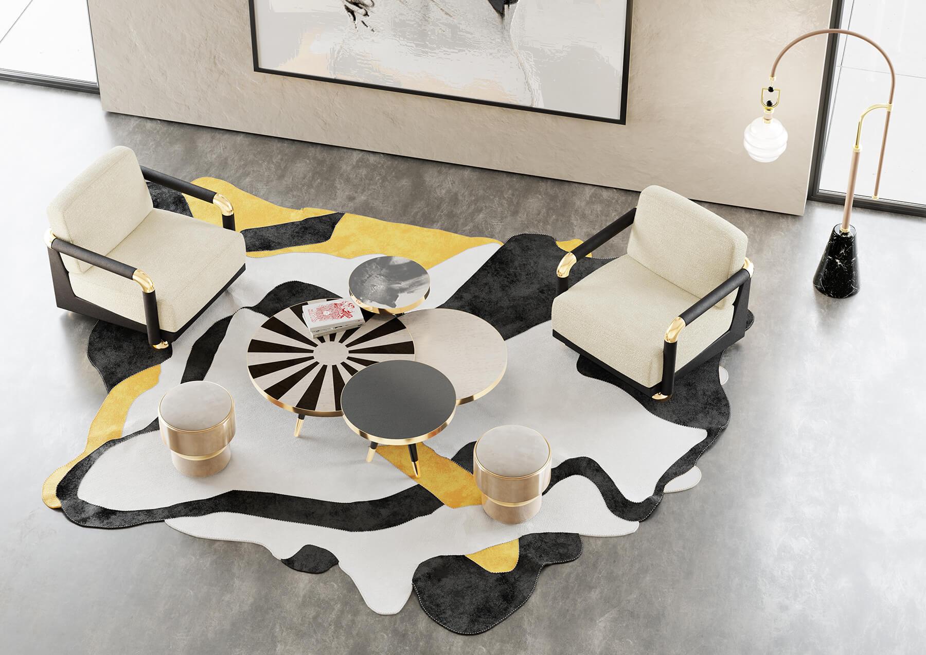 Mid-Century Modern Modern Round Center Table Set With Leather, Marquetry & Lacquer Top For Sale