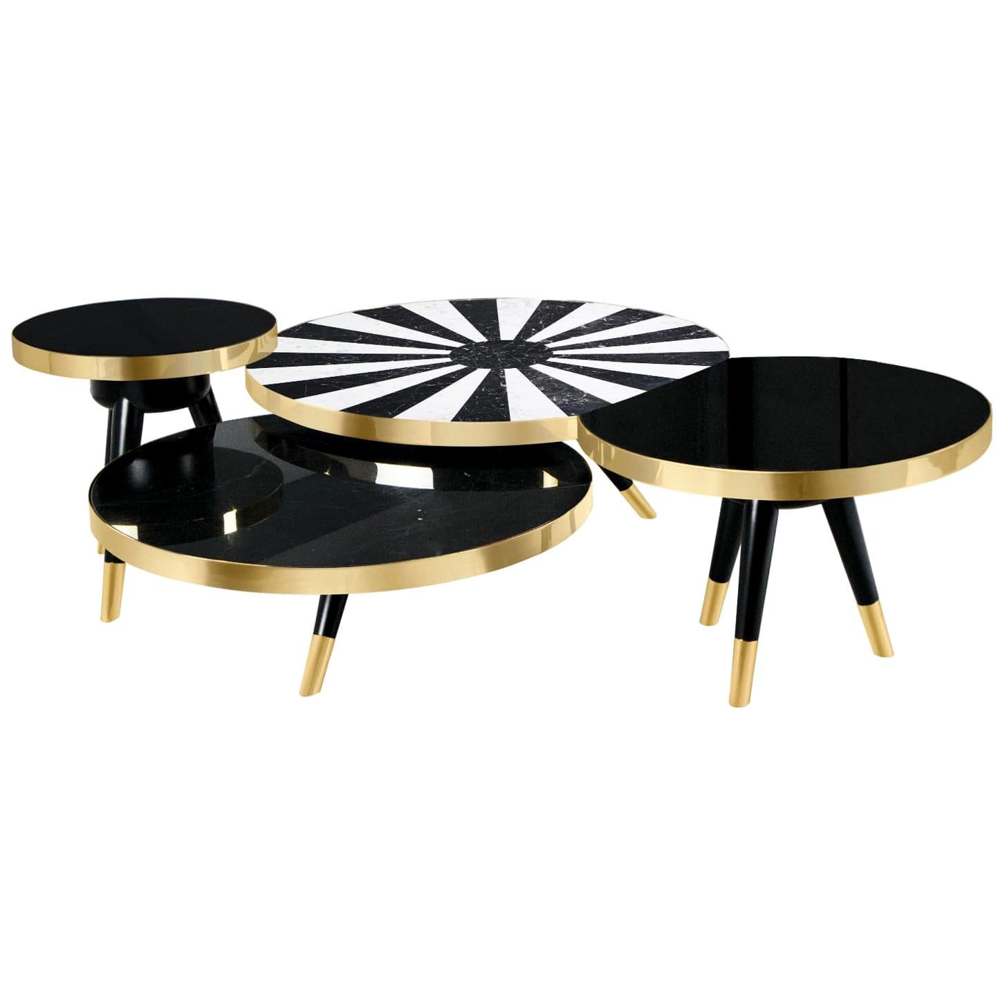 Ensemble de tables centrales rondes modernes avec dessus en cuir, marqueterie et laque en vente