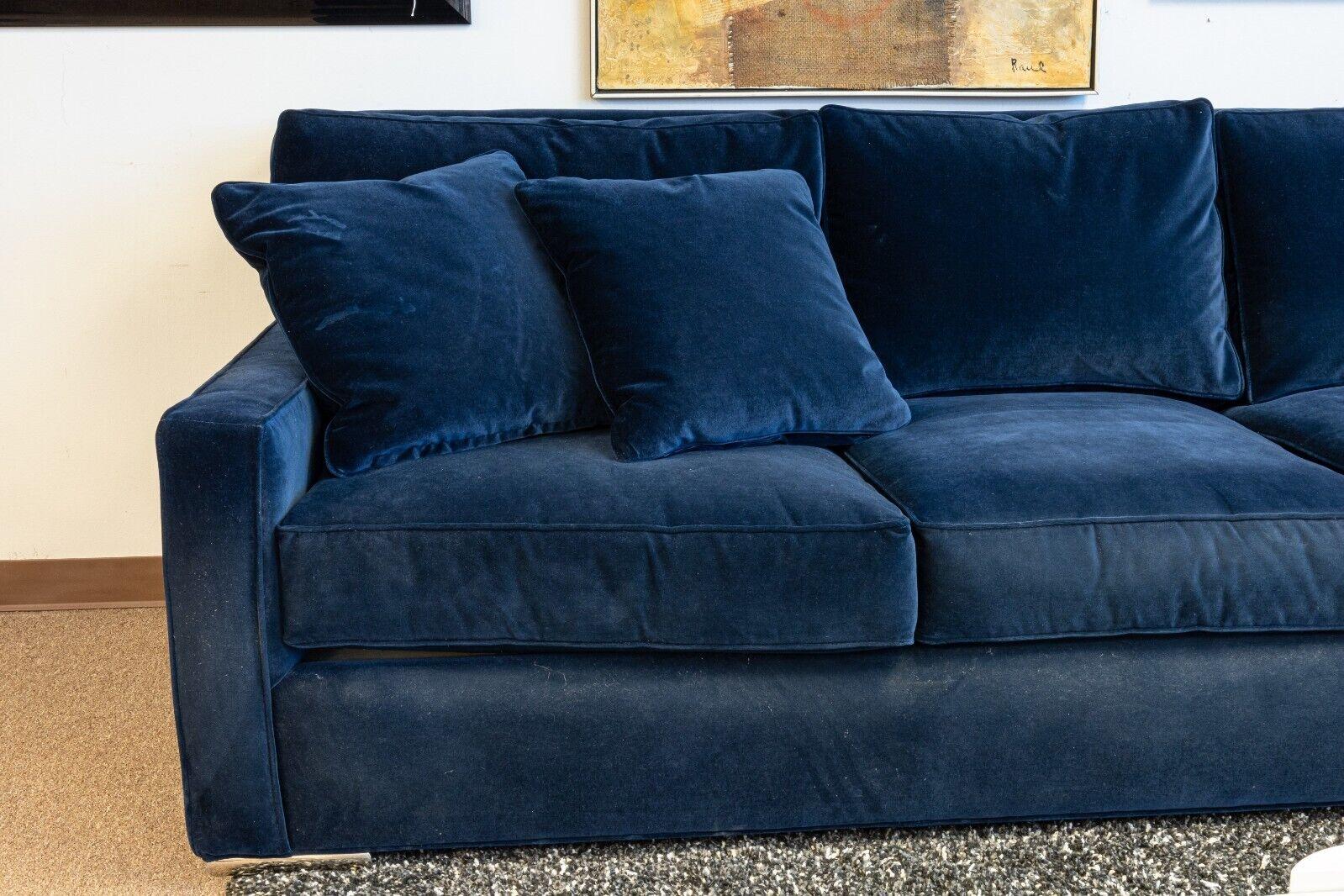 American Mid-Century Modern Century Furniture Hi Back Blue Velvet & Chrome Sofa Sectional