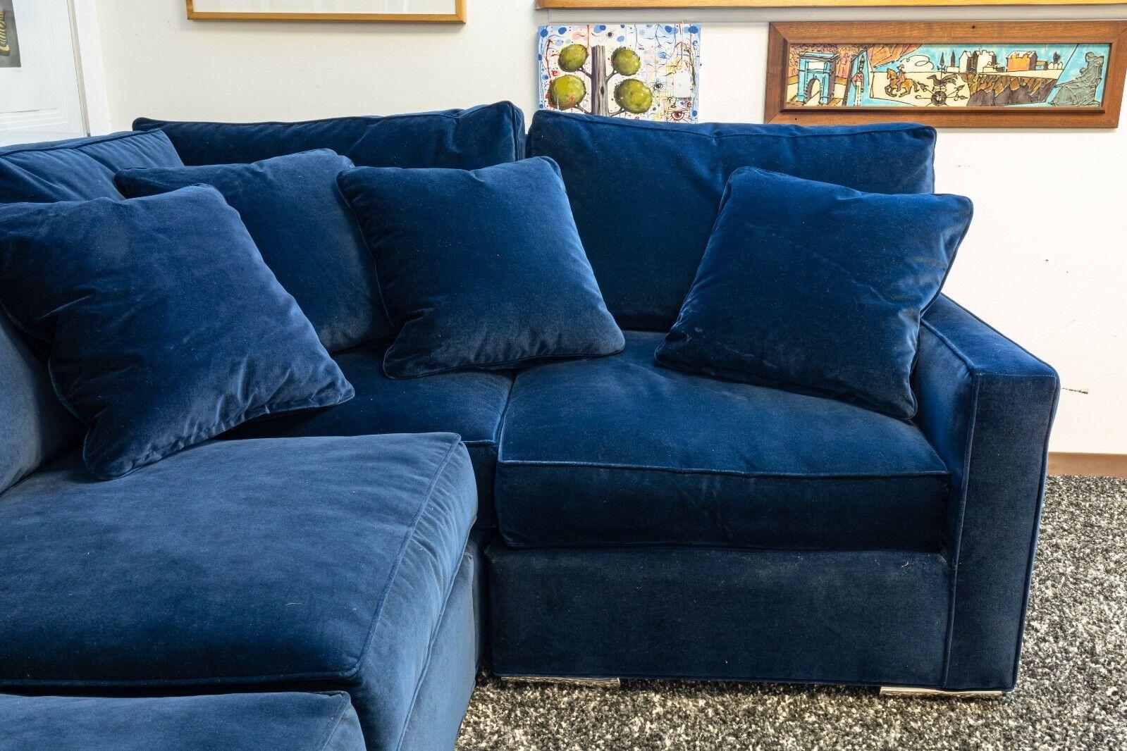 20th Century Mid-Century Modern Century Furniture Hi Back Blue Velvet & Chrome Sofa Sectional