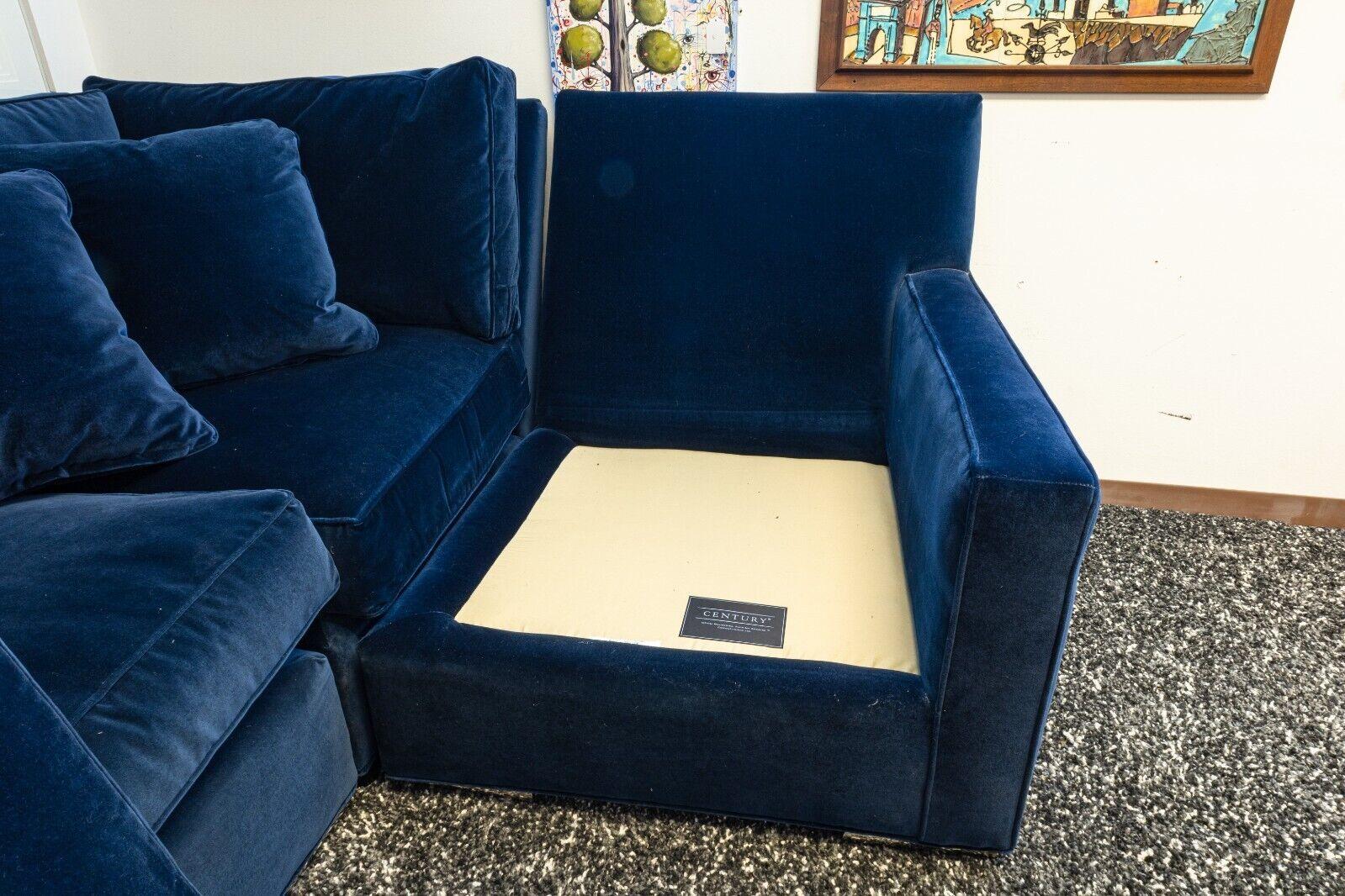 Mid-Century Modern Century Furniture Hi Back Blue Velvet & Chrome Sofa Sectional 1