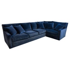 Vintage Mid-Century Modern Century Furniture Hi Back Blue Velvet & Chrome Sofa Sectional