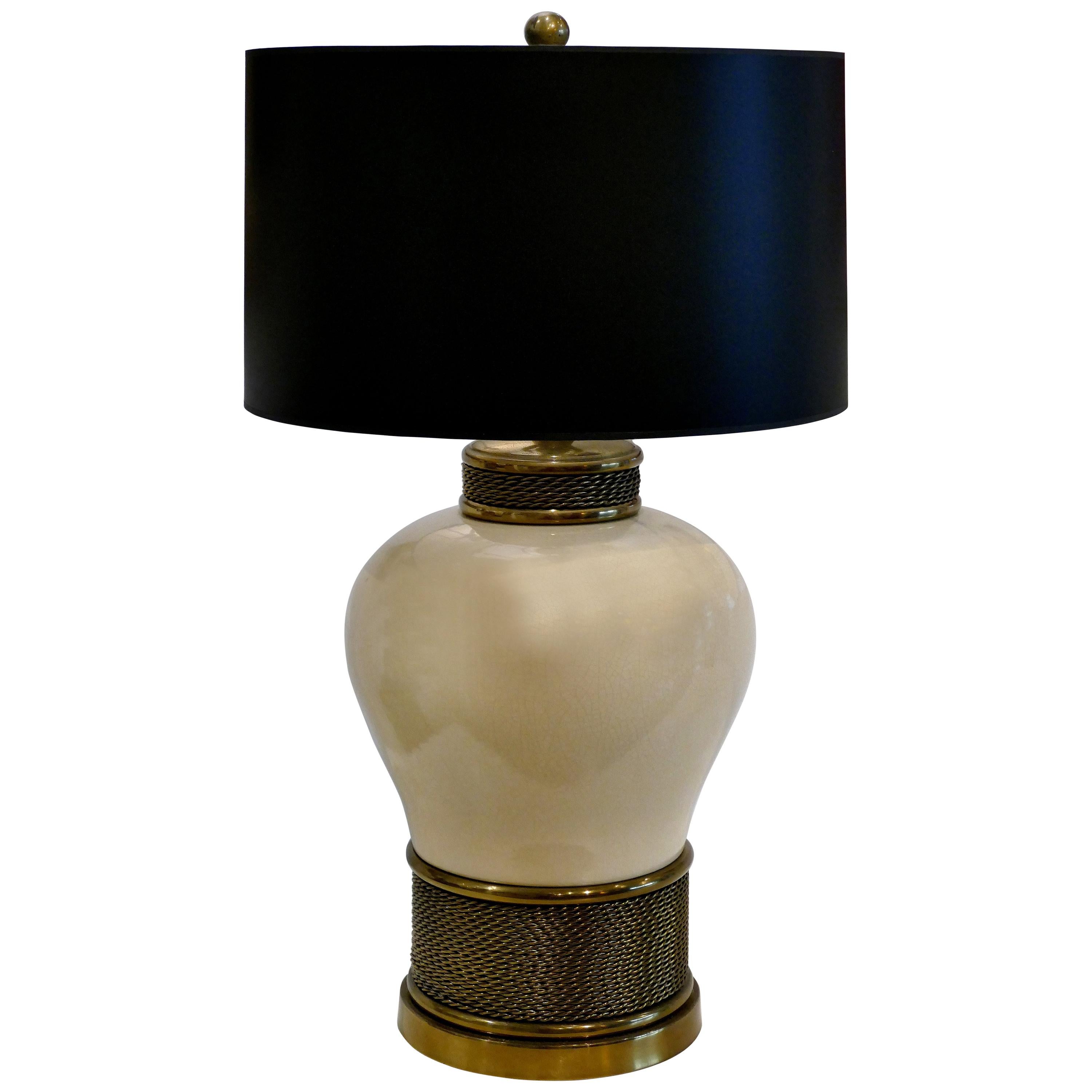 Mid-Century Modern Ceramic and Brass Table Lamp in an Urn Form
