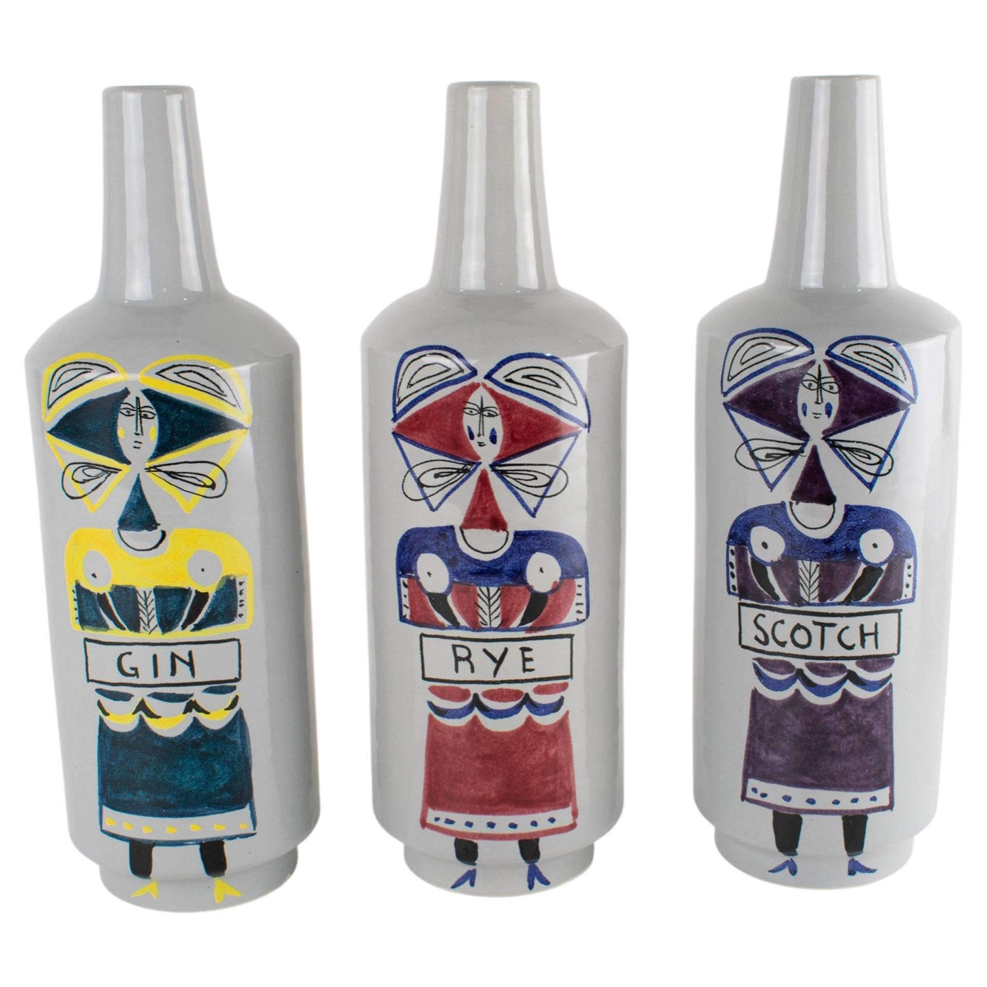 Mid Century Modern Ceramic Barware Spirit Bottle by Raymor, circa 1950, a Trio