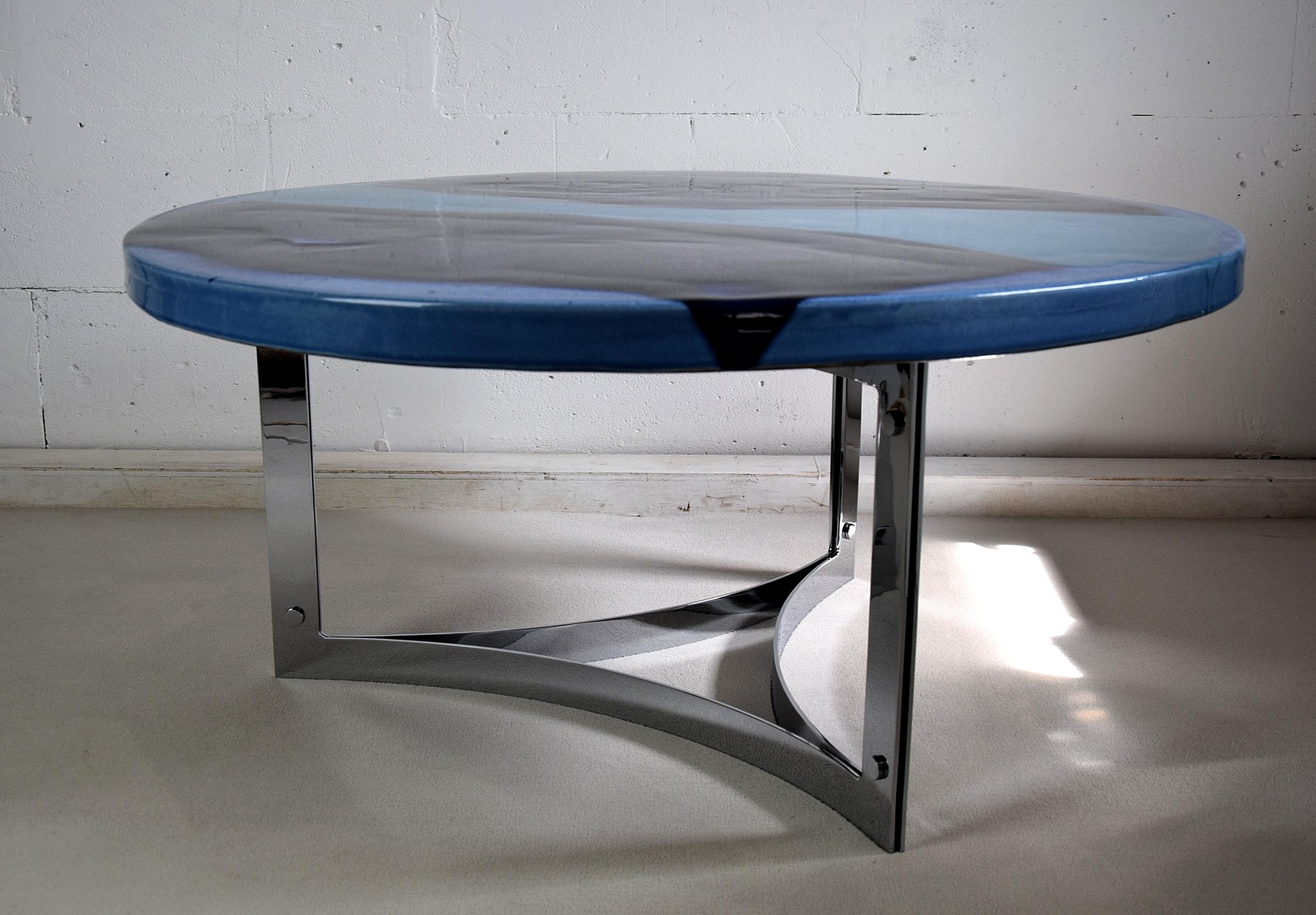 Mid-Century Modern Ceramic Blue Coffee Table 3