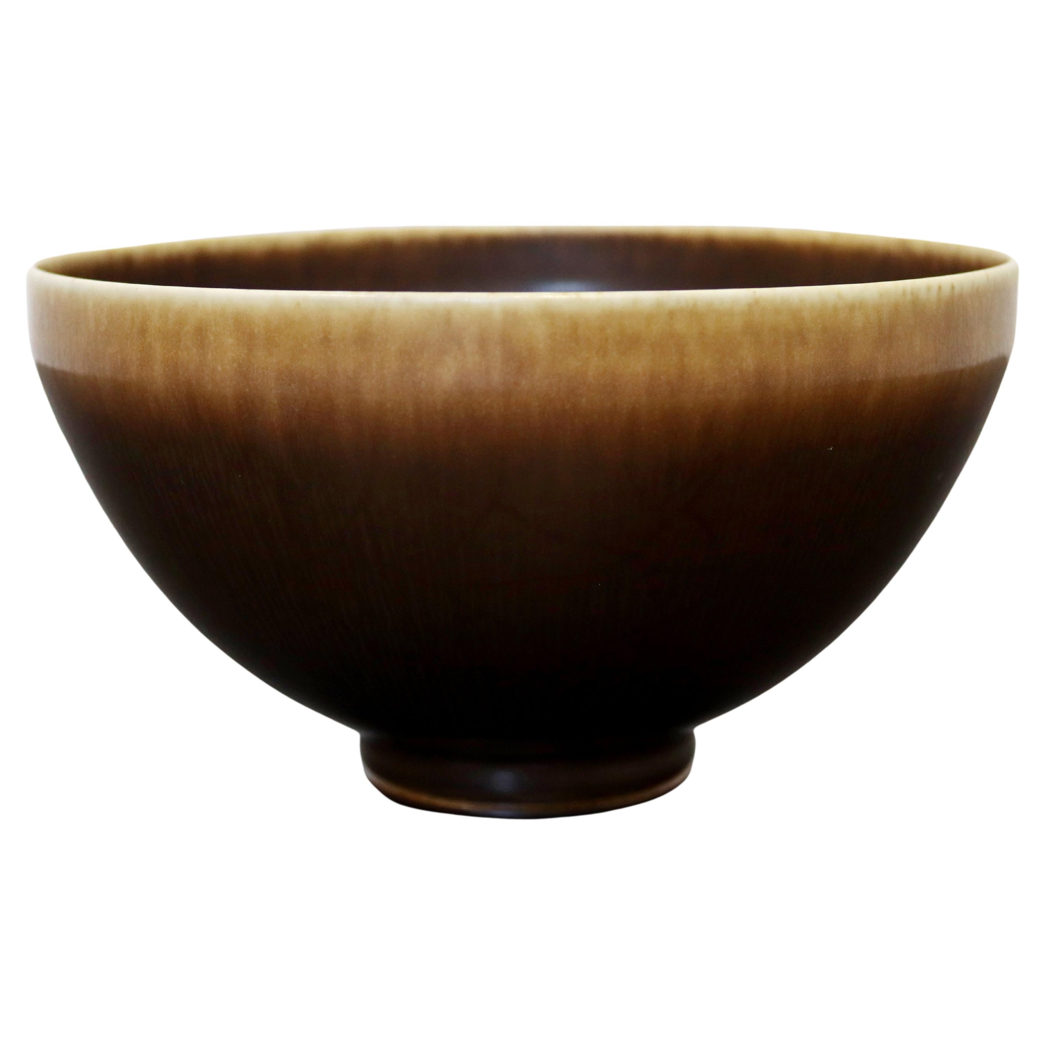 Mid-Century Modern Ceramic Bowl Signed Berndt Friberg Brown Hare Glaze, 1960s