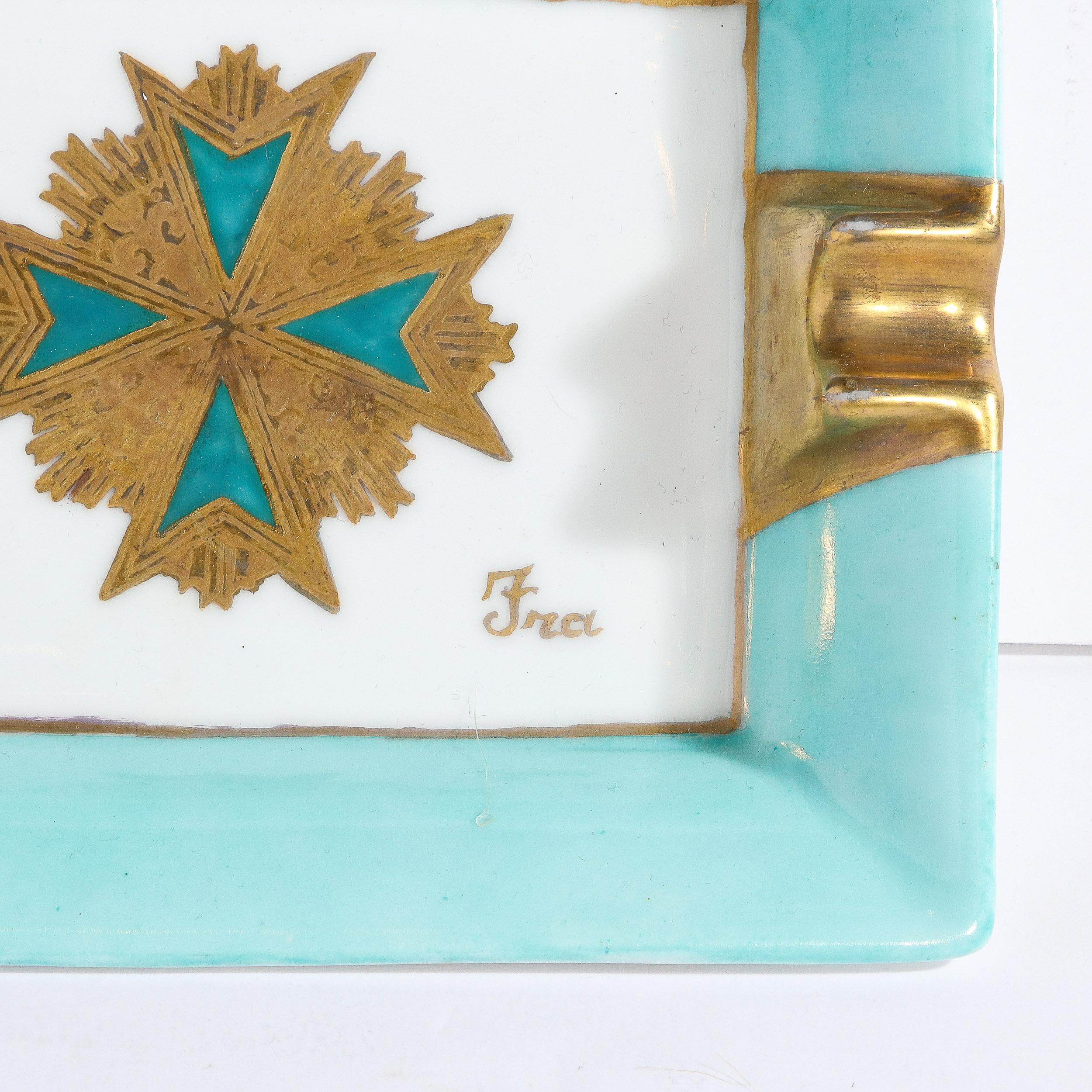 Mid-Century Modern Ceramic Decorative Tray in Pastel Turquoise & Gilt Detailing For Sale 6