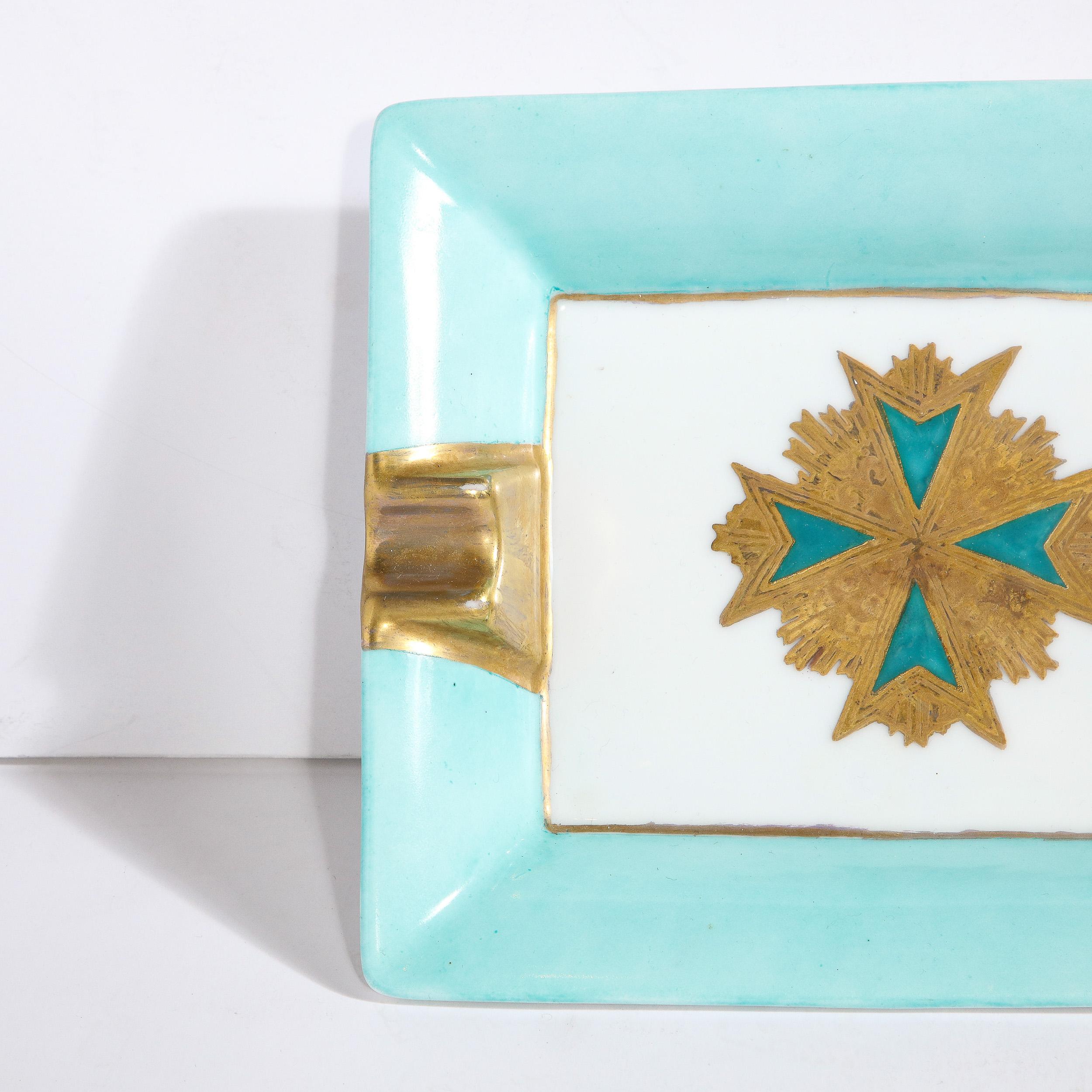 Mid-Century Modern Ceramic Decorative Tray in Pastel Turquoise & Gilt Detailing  For Sale 7