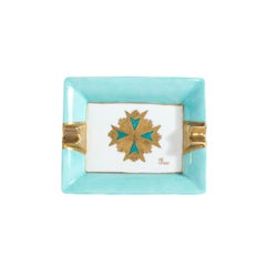 Plateau décoratif en céramique moderne du milieu du siècle dernier, avec détails turquoises pastel et dorés
