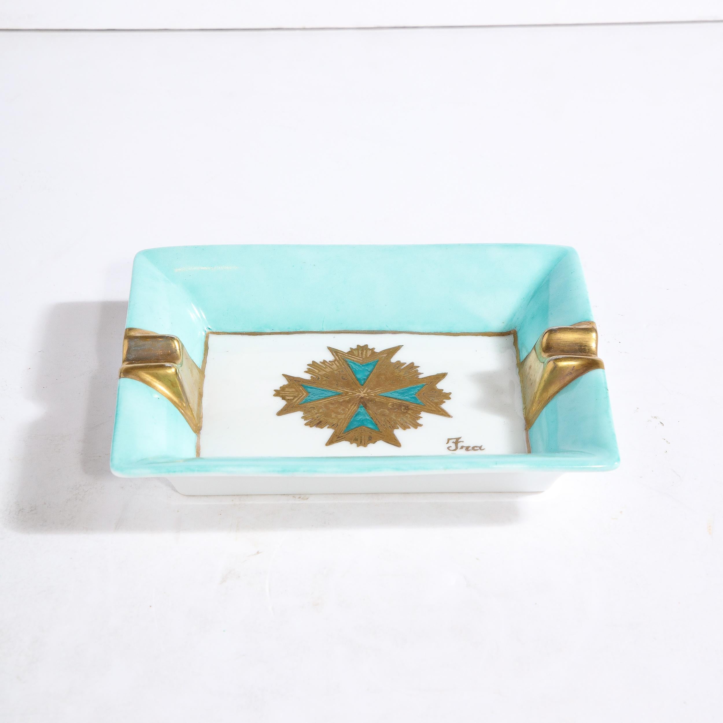 French Mid-Century Modern Ceramic Decorative Tray in Pastel Turquoise & Gilt Detailing For Sale