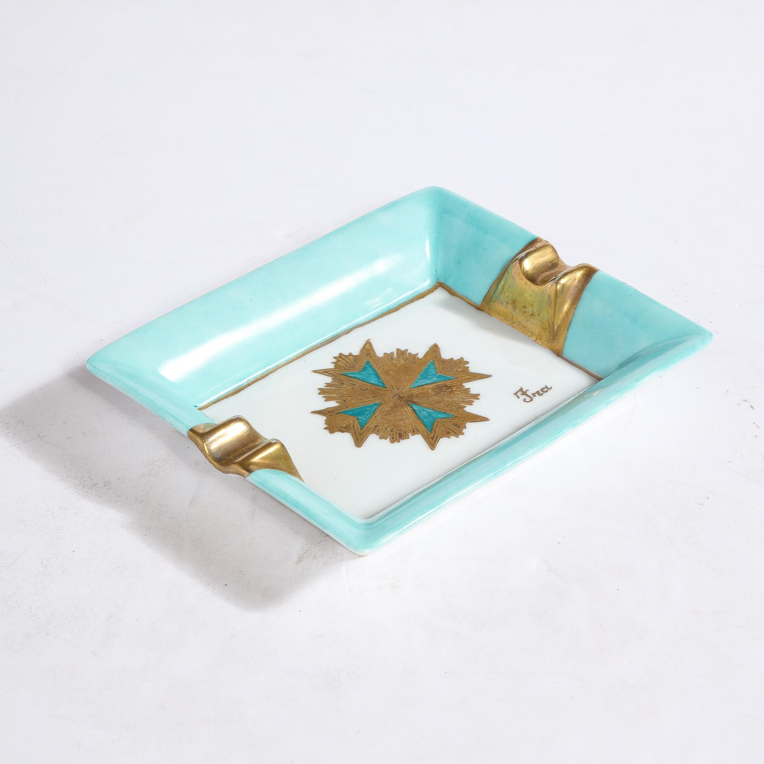 Mid-Century Modern Ceramic Decorative Tray in Pastel Turquoise & Gilt Detailing In Excellent Condition For Sale In New York, NY