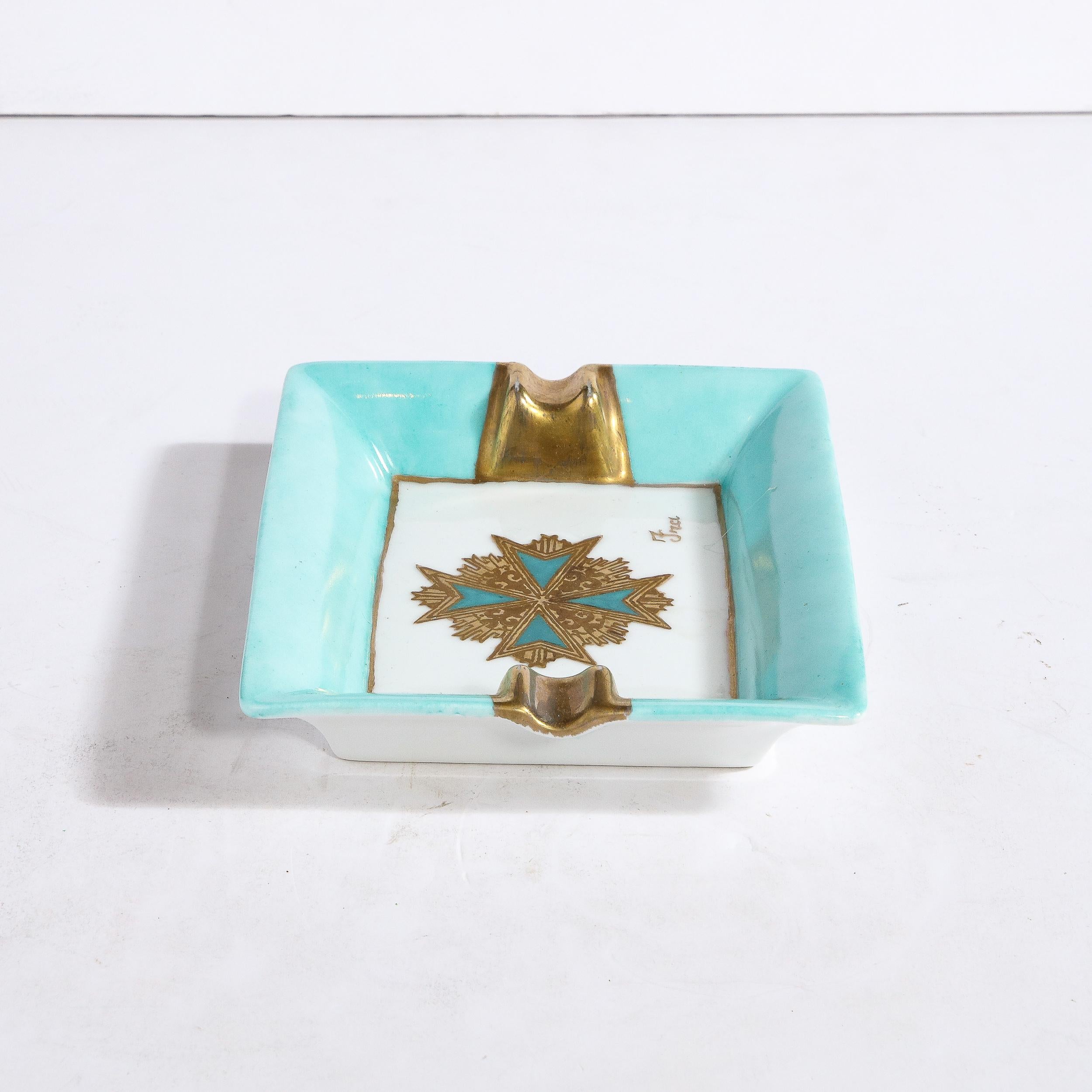 Mid-20th Century Mid-Century Modern Ceramic Decorative Tray in Pastel Turquoise & Gilt Detailing For Sale
