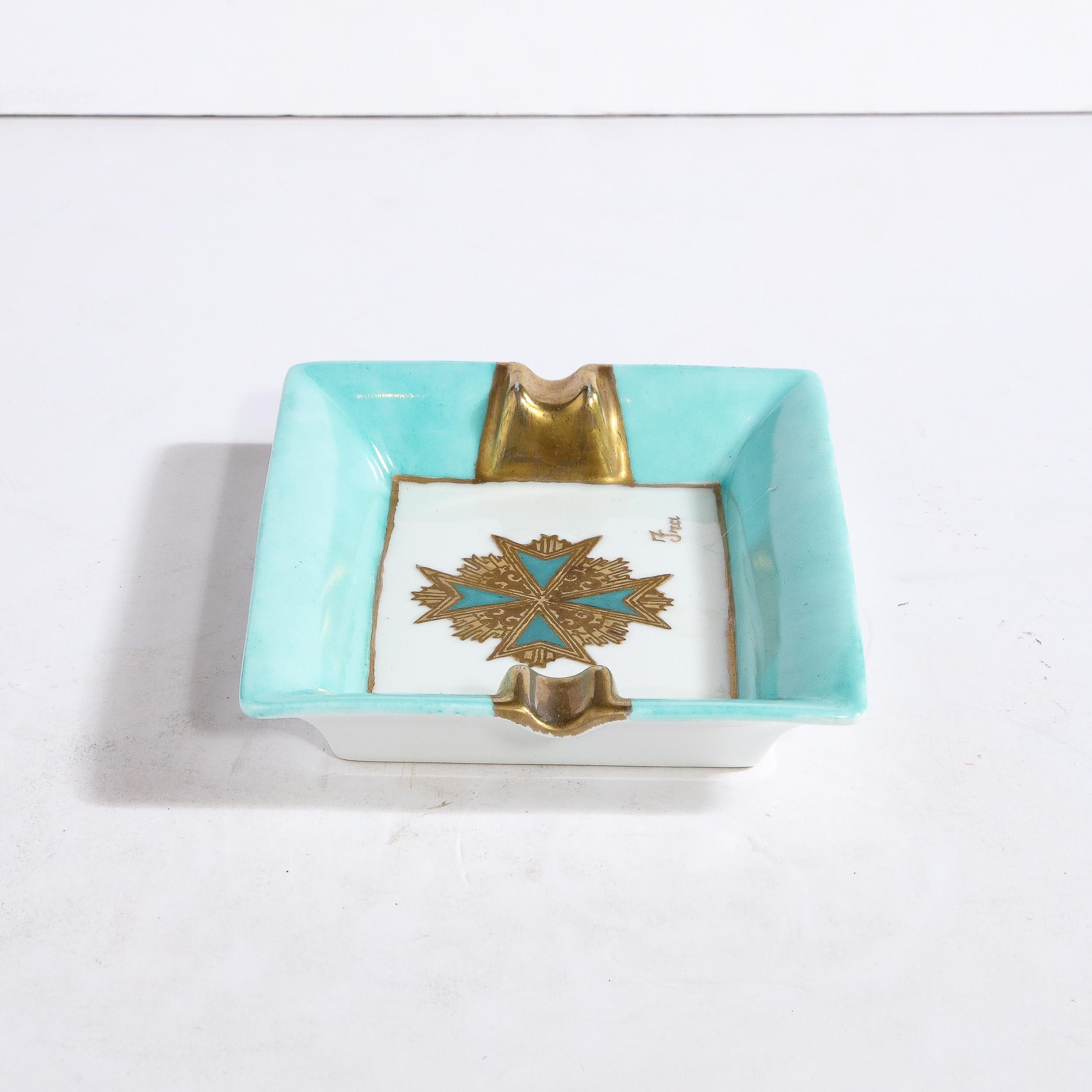 Mid-20th Century Mid-Century Modern Ceramic Decorative Tray in Pastel Turquoise & Gilt Detailing  For Sale