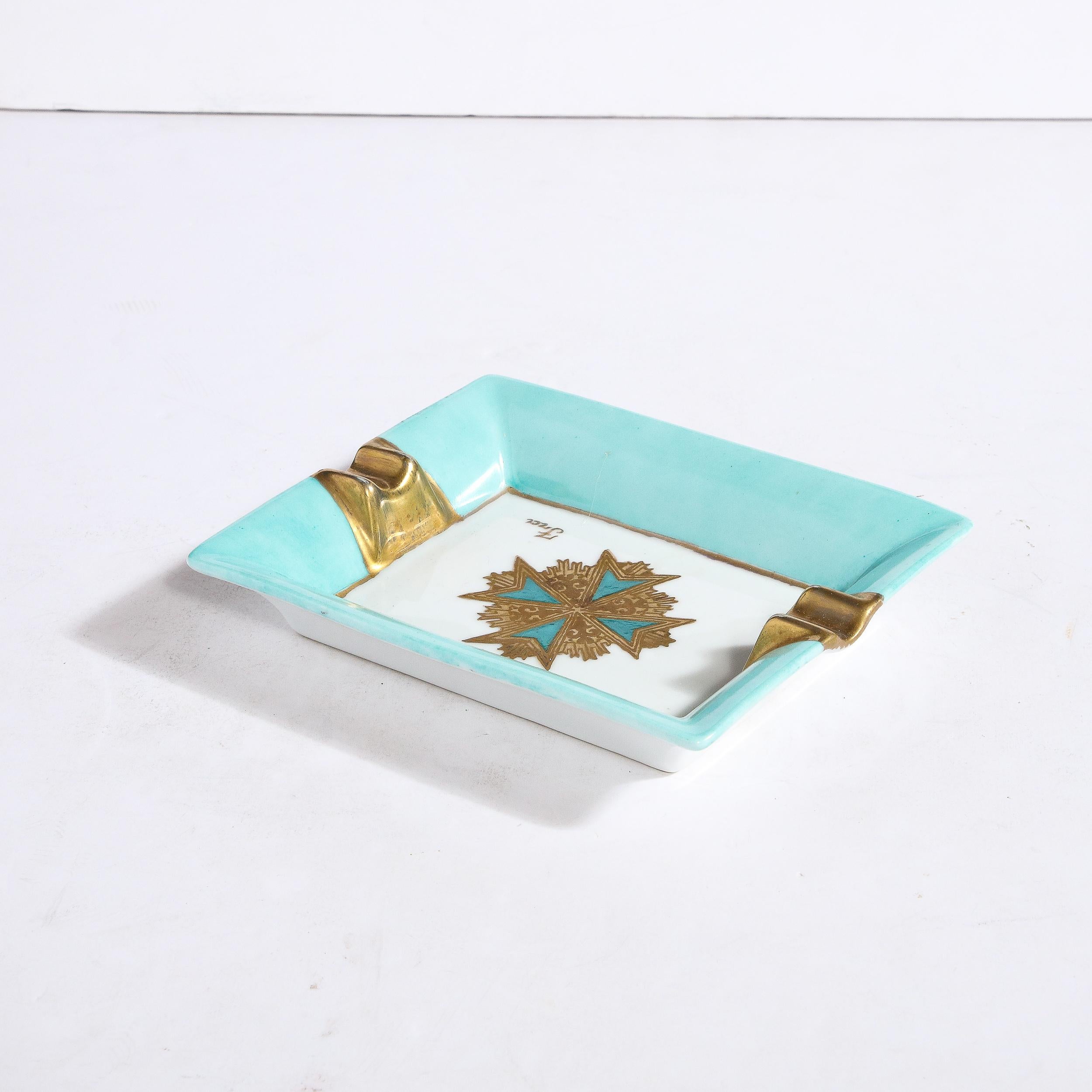 Mid-Century Modern Ceramic Decorative Tray in Pastel Turquoise & Gilt Detailing  For Sale 1