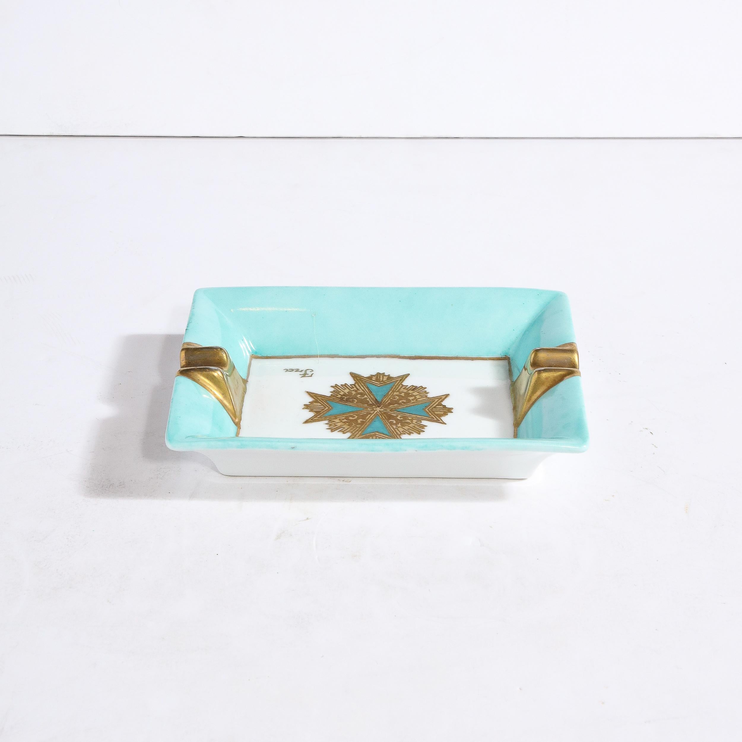 Mid-Century Modern Ceramic Decorative Tray in Pastel Turquoise & Gilt Detailing  For Sale 2