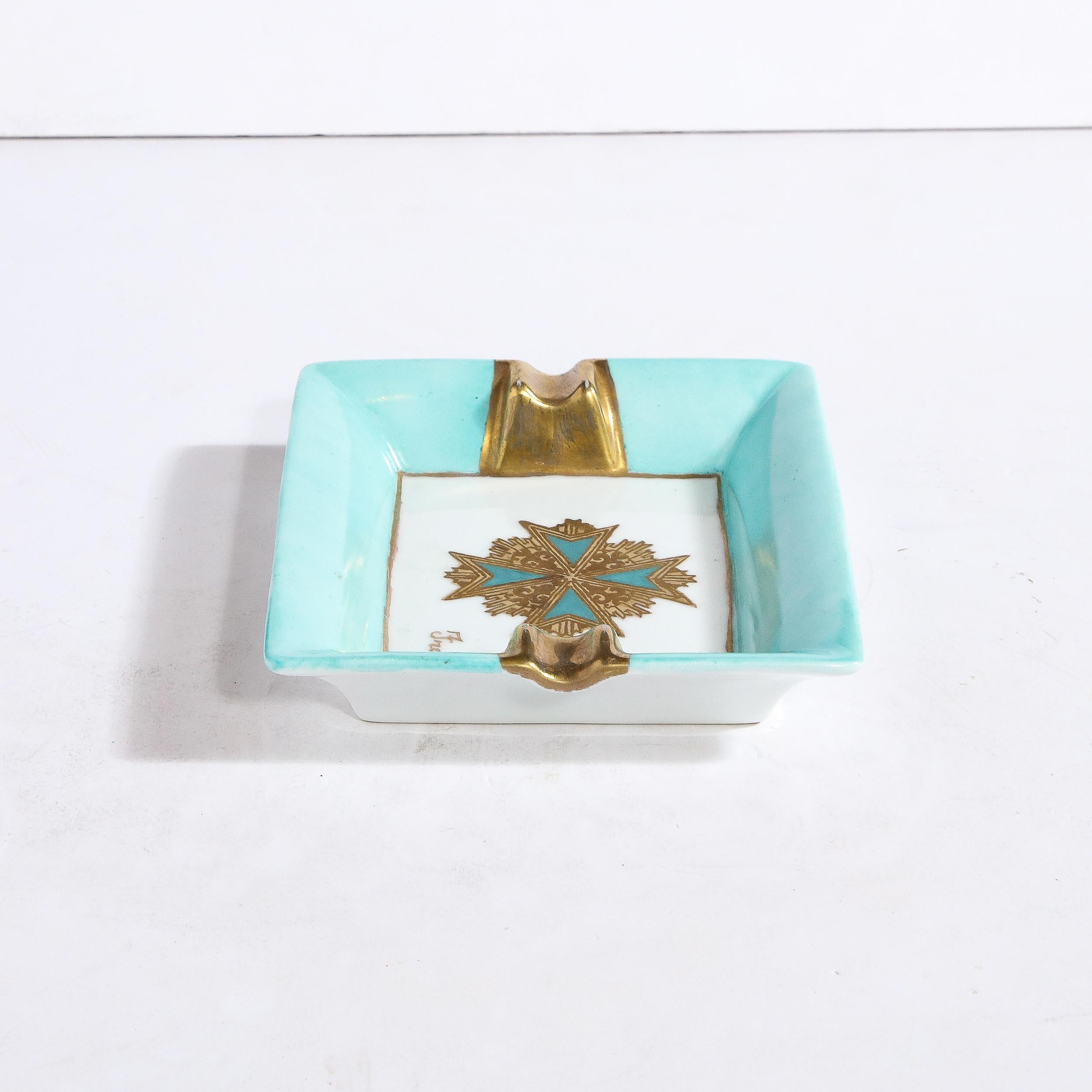 Mid-Century Modern Ceramic Decorative Tray in Pastel Turquoise & Gilt Detailing  For Sale 3