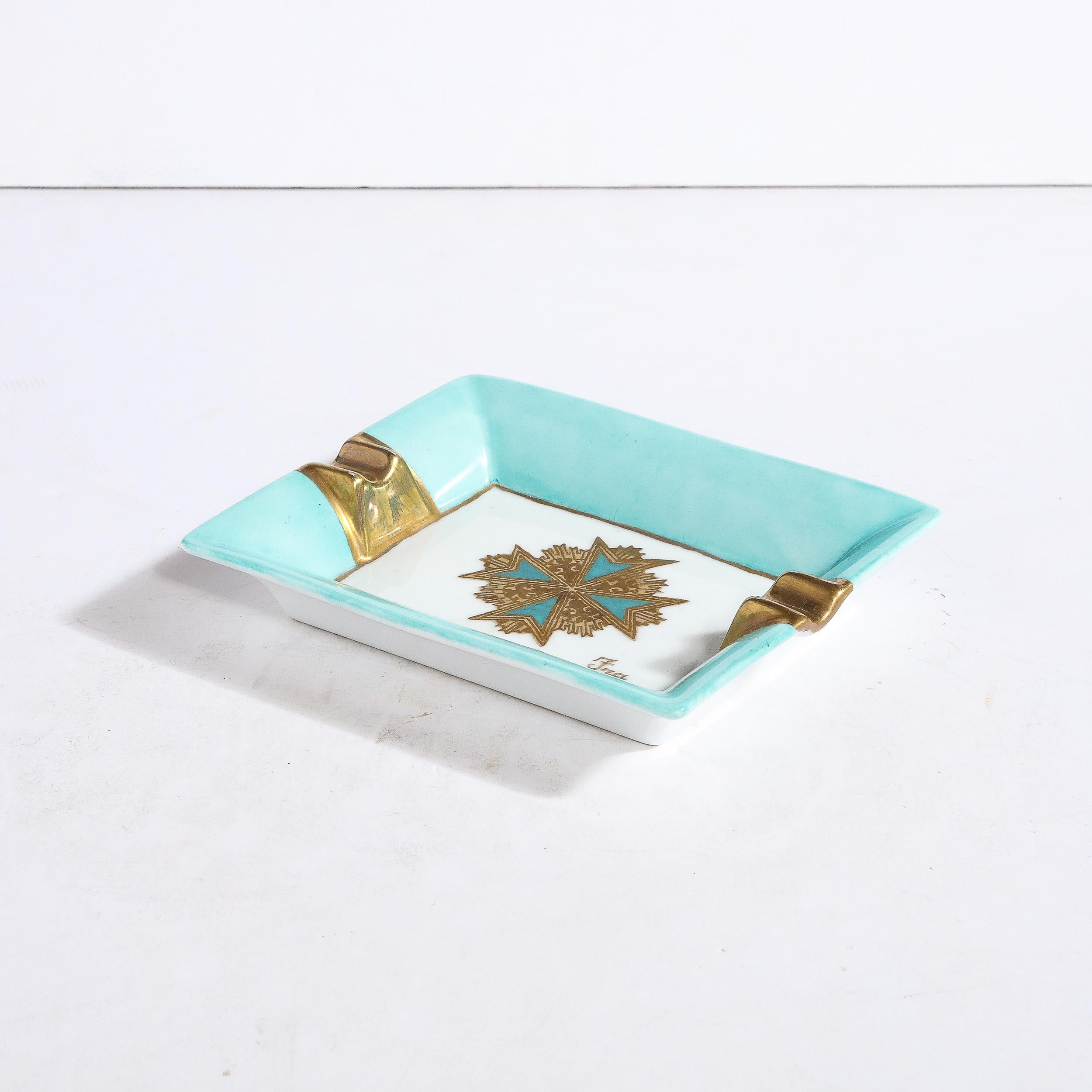 Mid-Century Modern Ceramic Decorative Tray in Pastel Turquoise & Gilt Detailing  For Sale 4