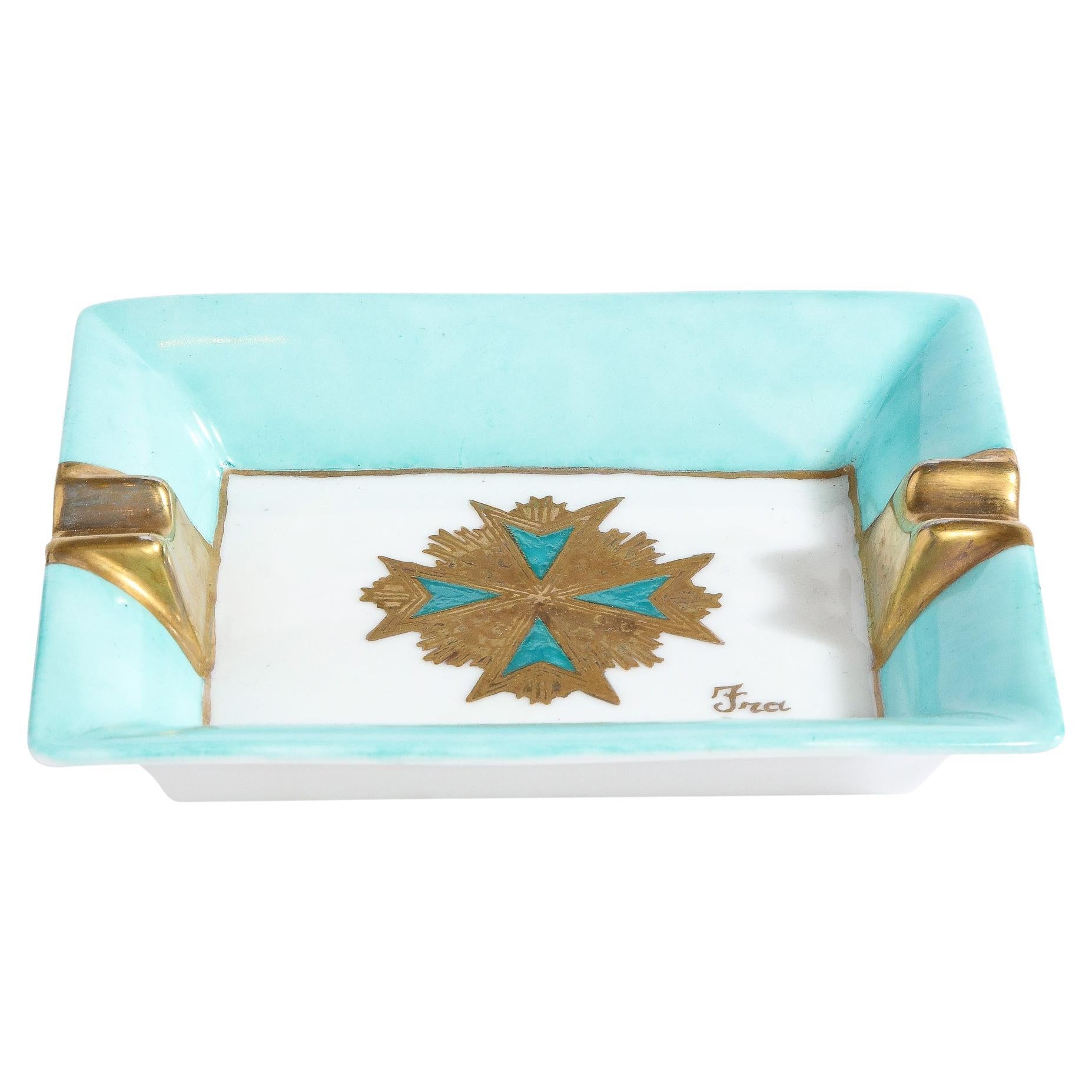 Mid-Century Modern Ceramic Decorative Tray in Pastel Turquoise & Gilt Detailing  For Sale