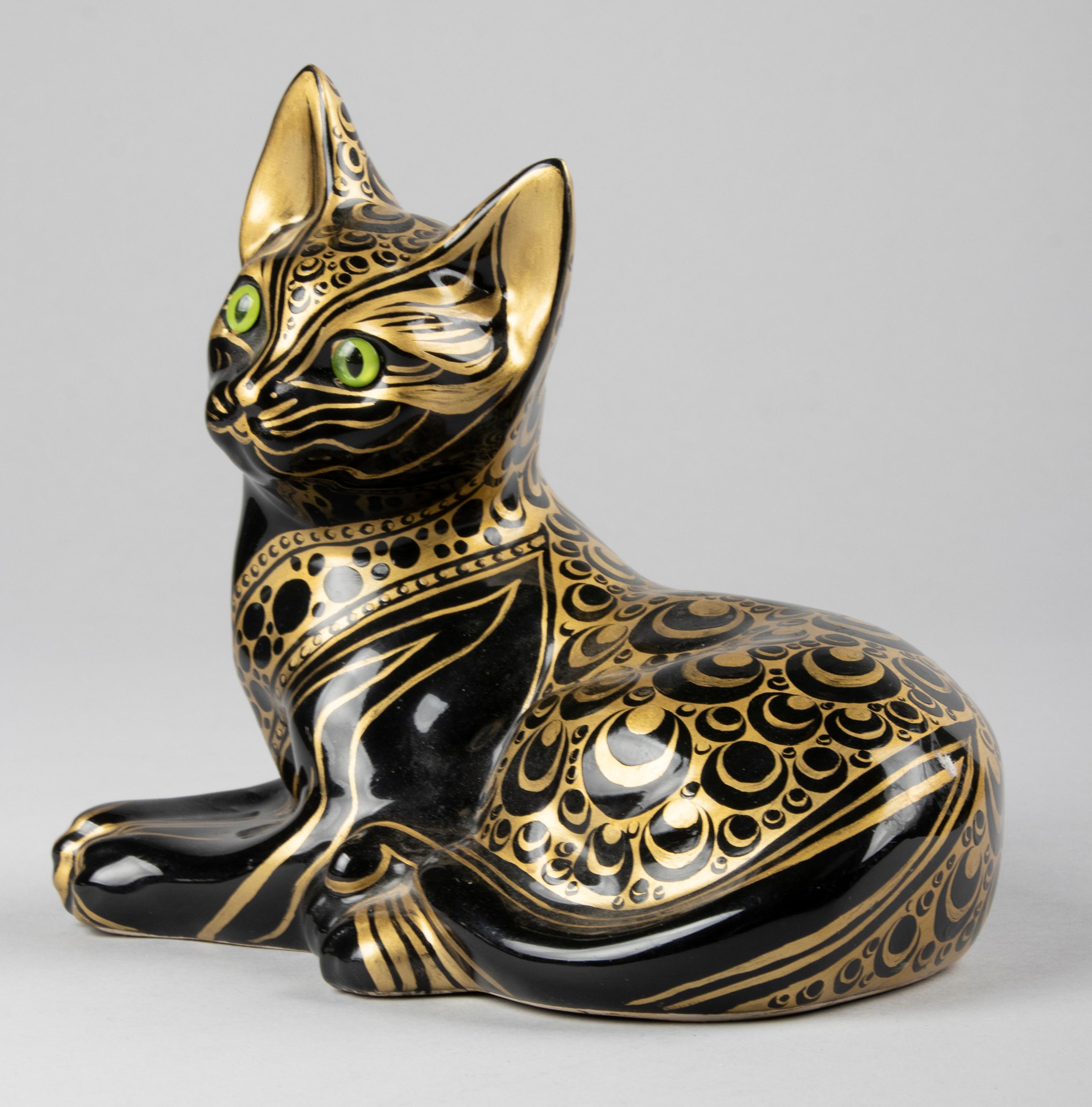 Hand-Painted Mid-Century Modern Ceramic Figurine of a Cat