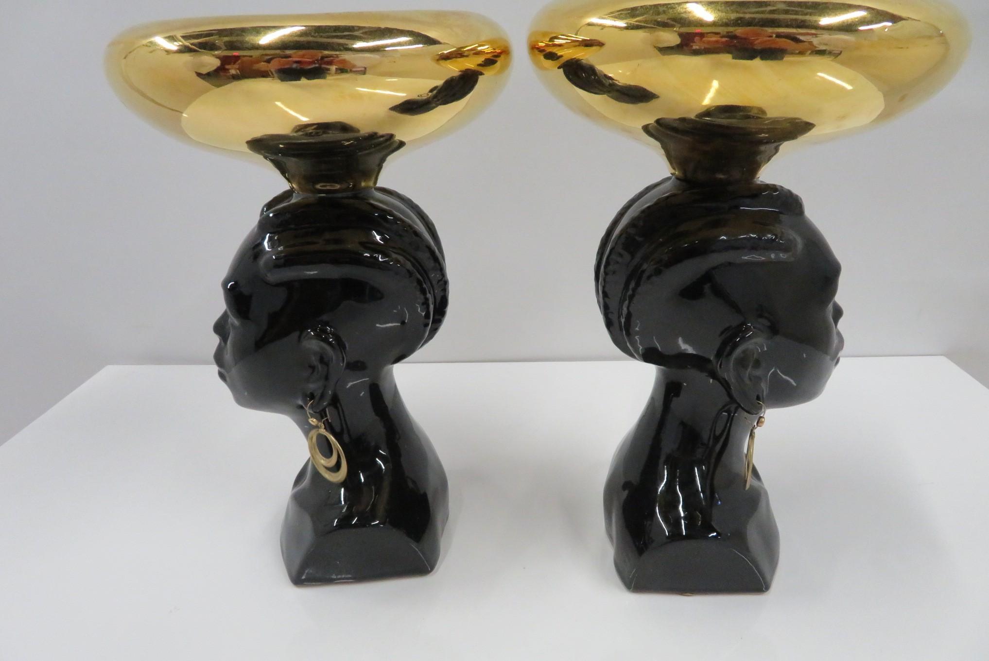 American Mid-Century Modern Ceramic Gilt Bowls Busts of Nubian Princesses, 1950s For Sale