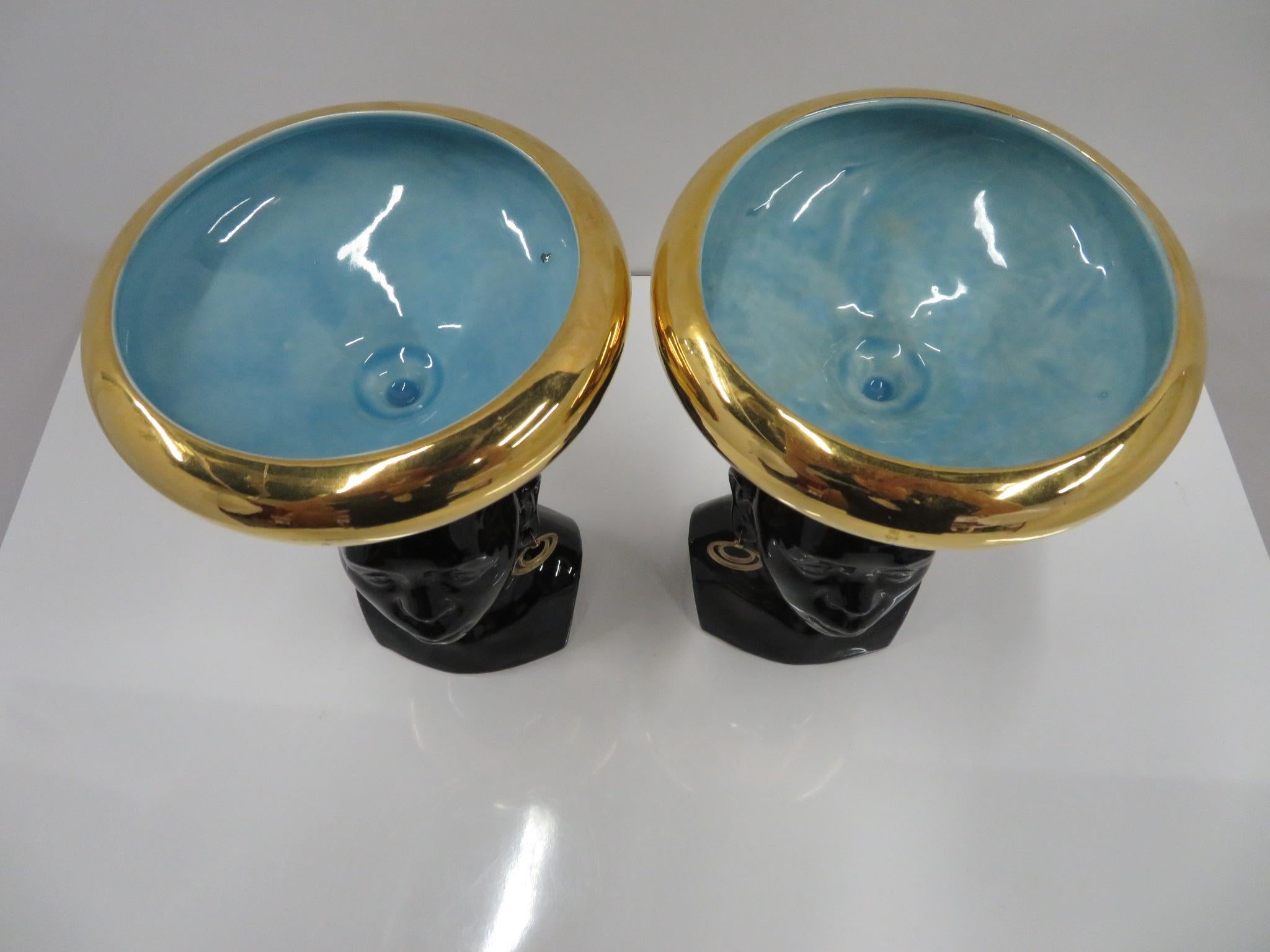 Glazed Mid-Century Modern Ceramic Gilt Bowls Busts of Nubian Princesses, 1950s For Sale