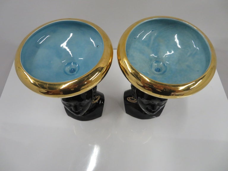 Glazed Mid-Century Modern Ceramic Gilt Bowls Busts of Nubian Princesses, 1950s For Sale