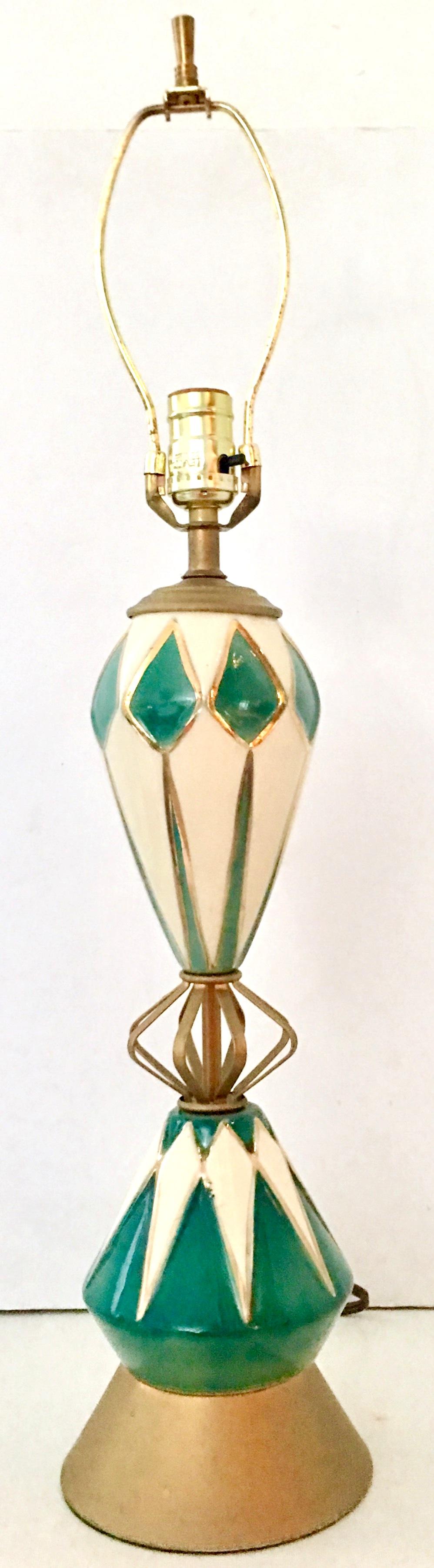 Mid-Century Modern Ceramic Glaze & Brass Sputnik Table Lamp In Good Condition In West Palm Beach, FL