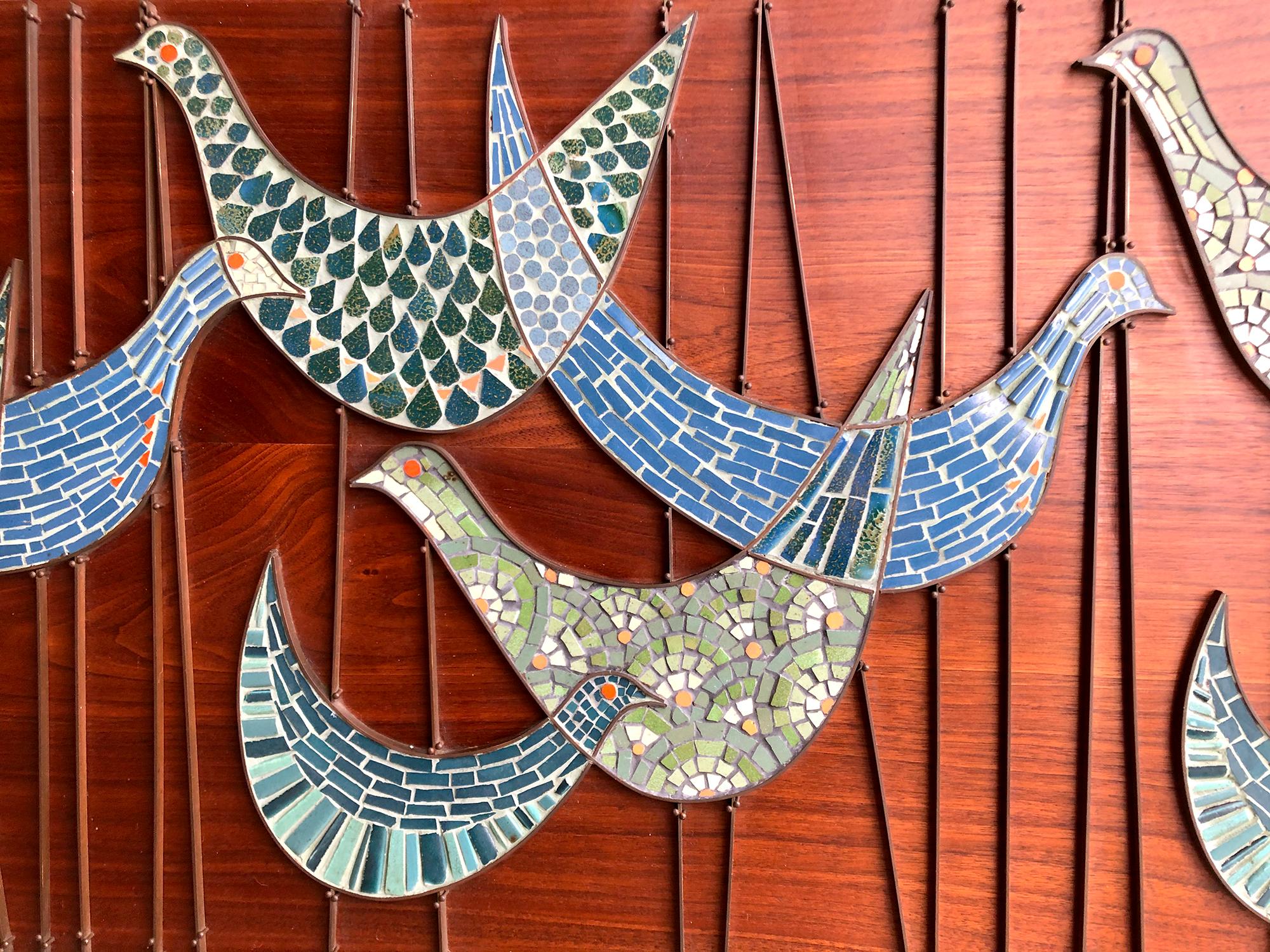 Ceramic modernist bird mosaic with intricate brass design wall hanging, circa 1960s. Panel measures 18