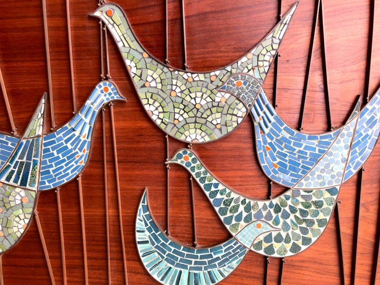 MidCentury Modern Ceramic Mosaic Bird Tile on Walnut Panel Wall
