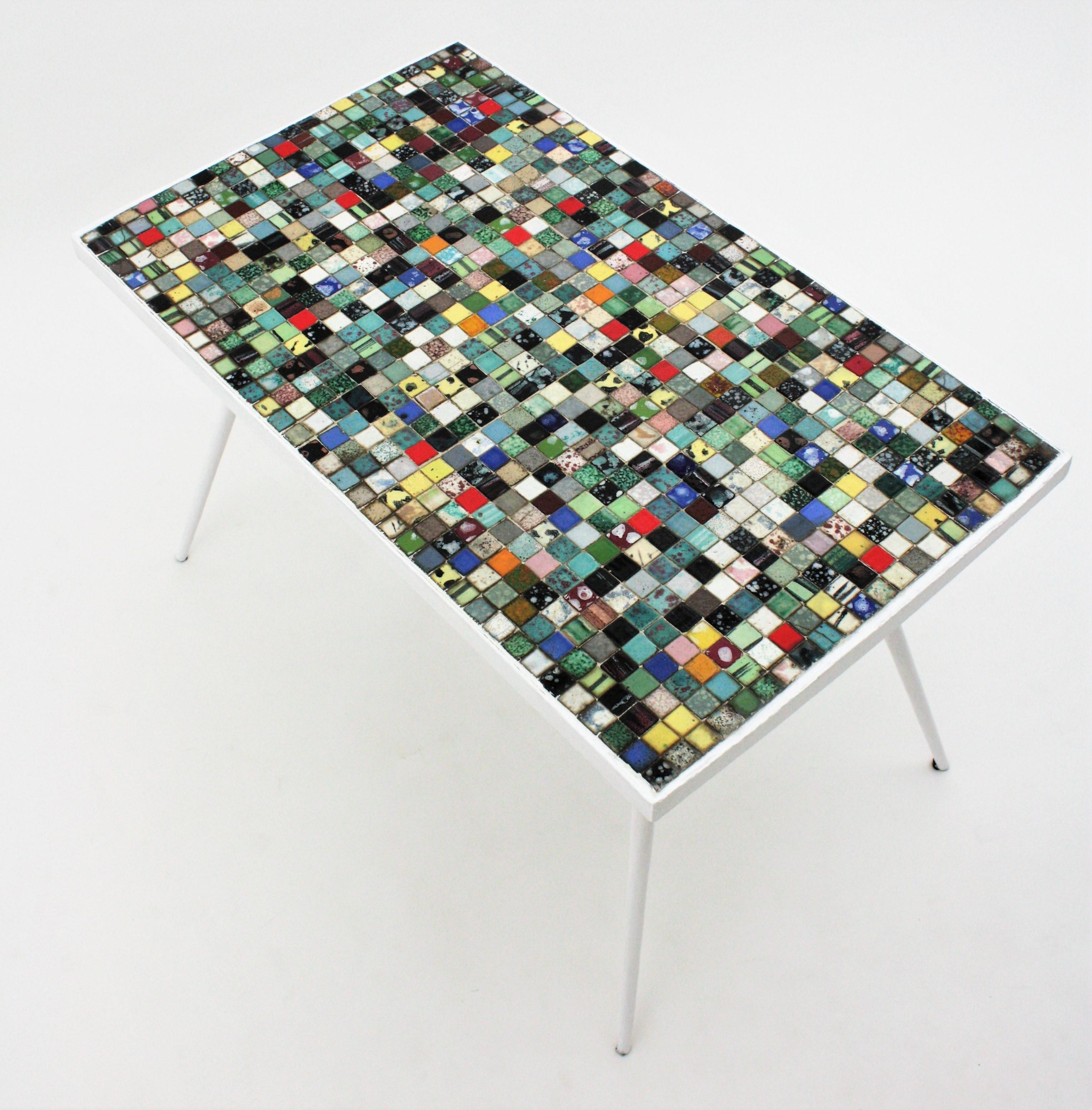 Mid-Century Modern Ceramic Mosaic Tile Top Table with White Painted Iron Legs 2