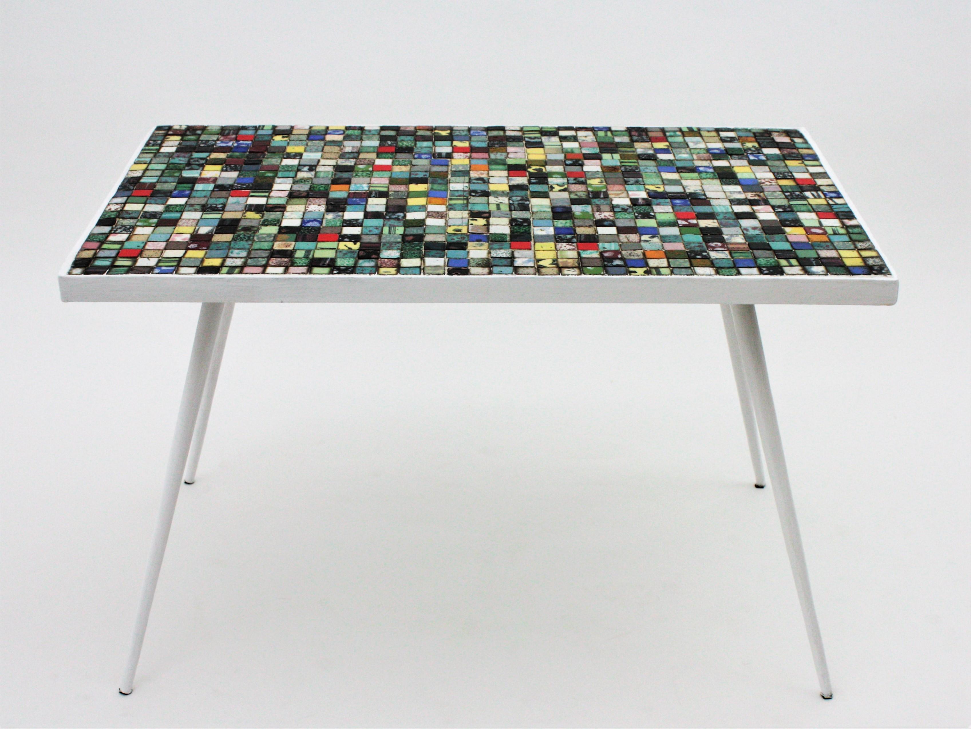 Mid-Century Modern Ceramic Mosaic Tile Top Table with White Painted Iron Legs 3