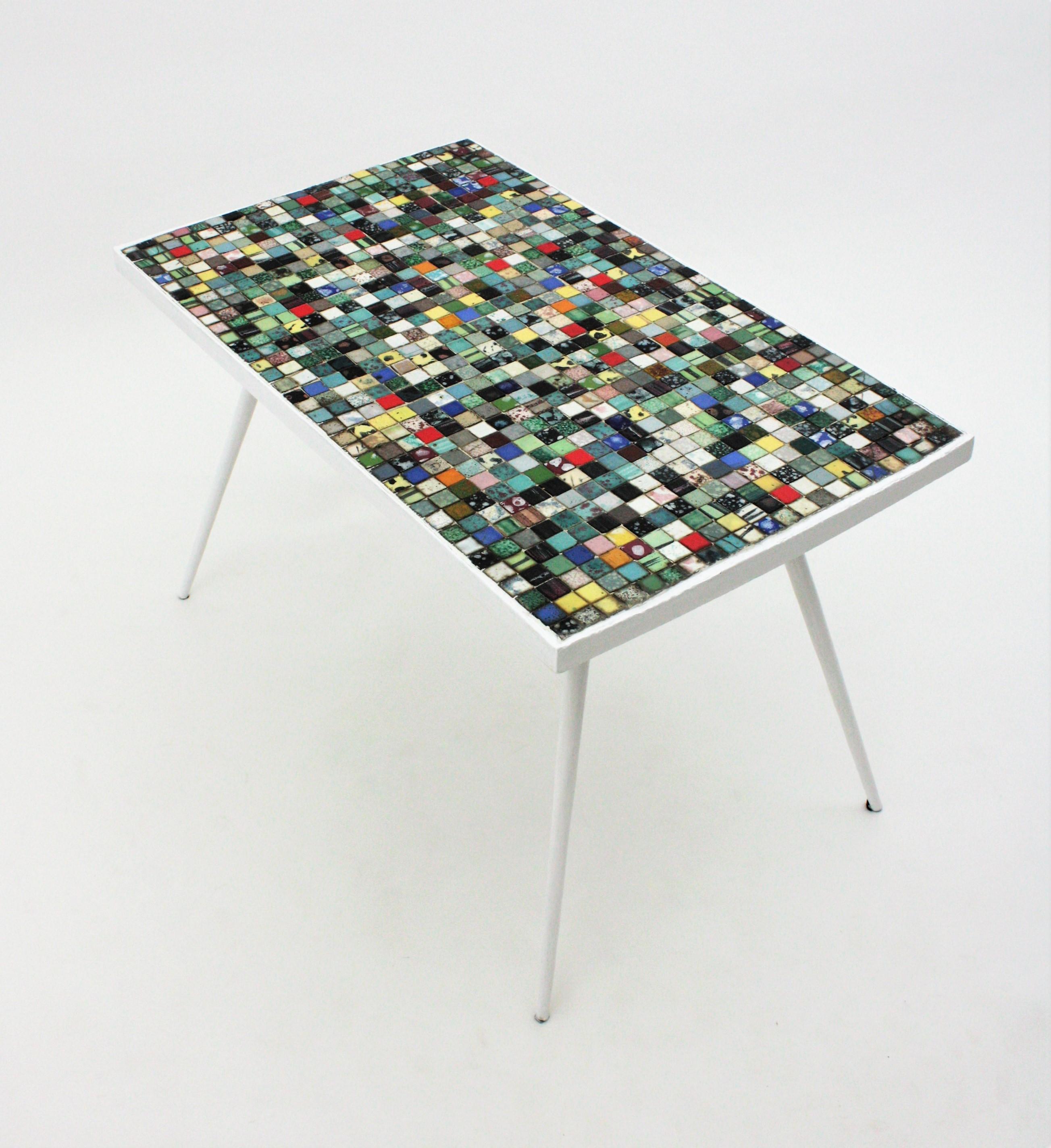 Mid-Century Modern Ceramic Mosaic Tile Top Table with White Painted Iron Legs 5