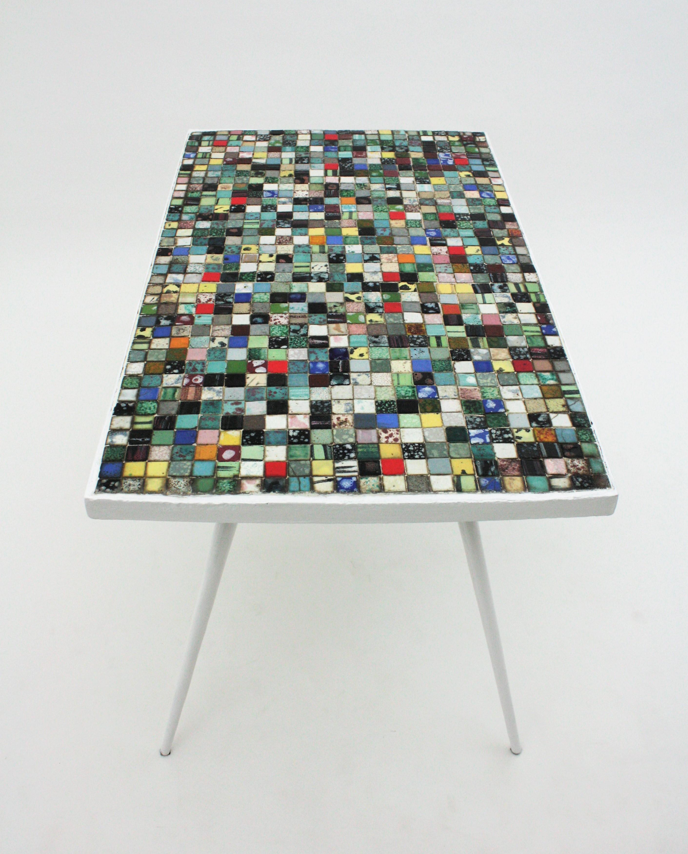 Mid-Century Modern Ceramic Mosaic Tile Top Table with White Painted Iron Legs 6