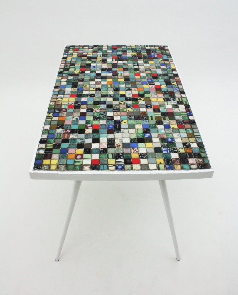 Mid-Century Modern Ceramic Mosaic Tile Top Table with White Painted ...
