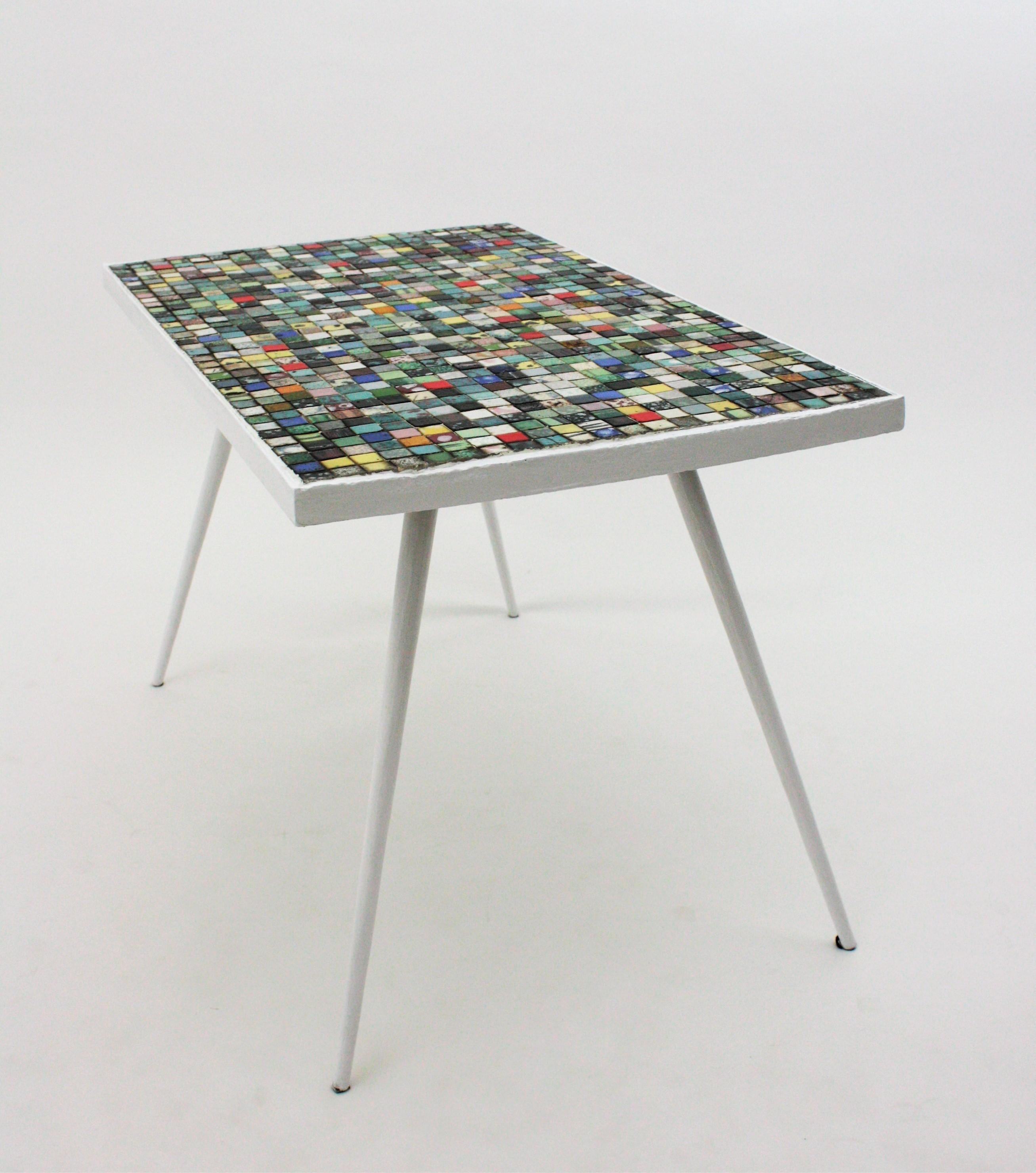 Mid-Century Modern Ceramic Mosaic Tile Top Table with White Painted Iron Legs 7