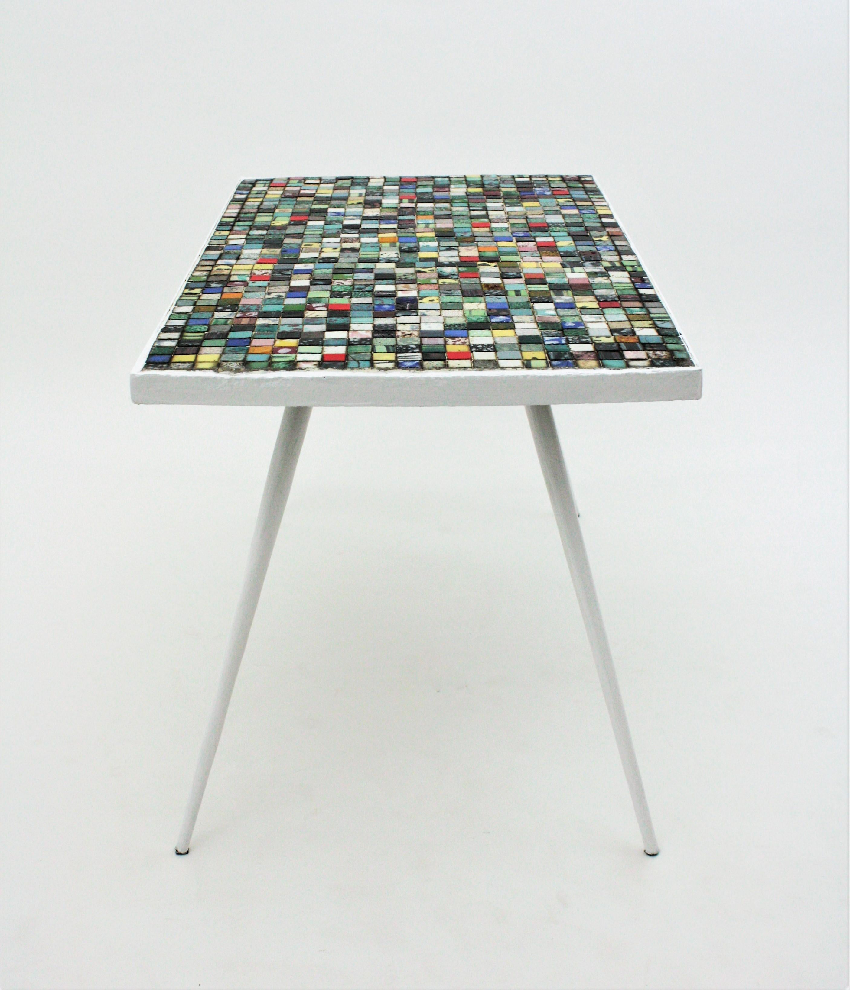 Mid-Century Modern Ceramic Mosaic Tile Top Table with White Painted Iron Legs 8