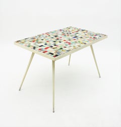Mid-Century Modern Ceramic Mosaic Tile Top Table with White Painted Iron Legs