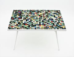 Mid-Century Modern Ceramic Mosaic Tile Top Table with White Painted Iron Legs