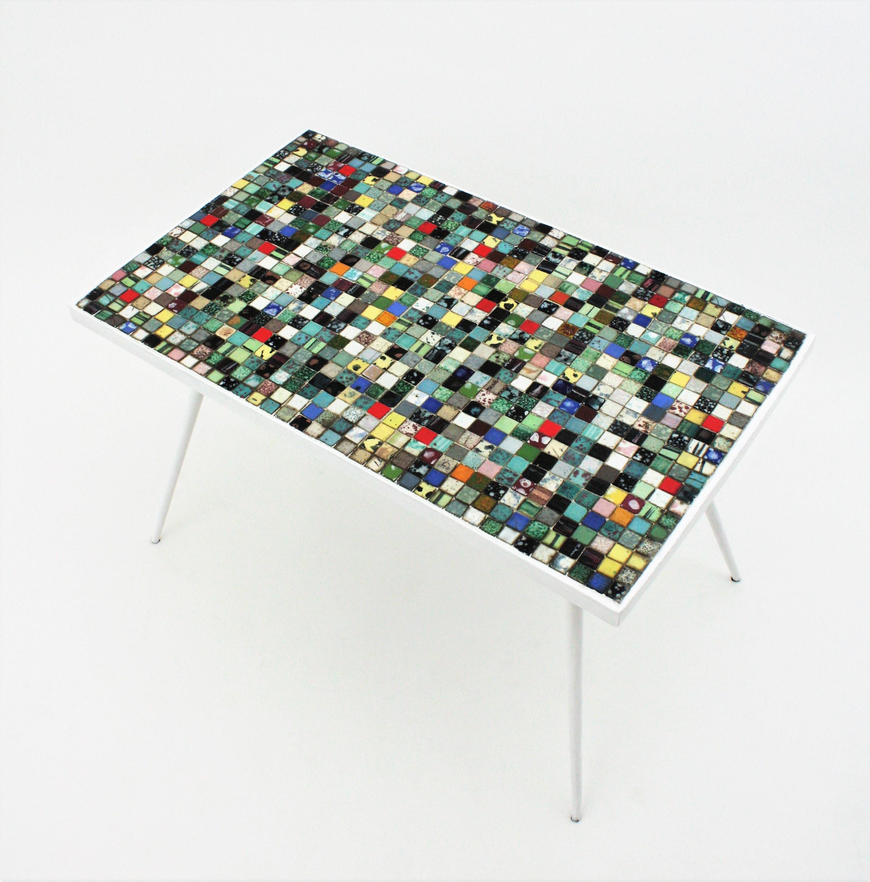 Spanish Mid-Century Modern Ceramic Mosaic Tile Top Table with White Painted Iron Legs