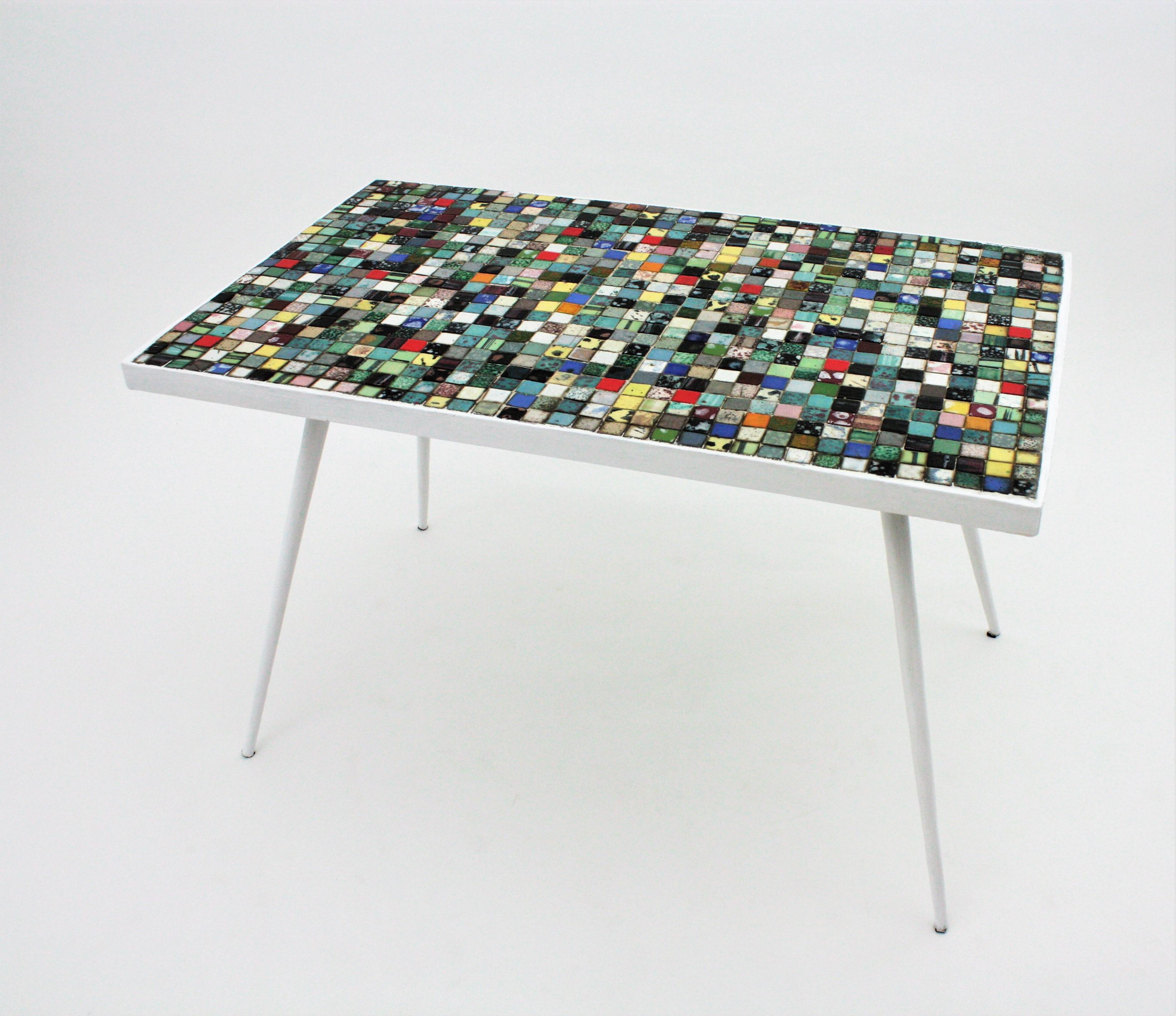 Mid-Century Modern Ceramic Mosaic Tile Top Table with White Painted Iron Legs In Good Condition In Barcelona, ES