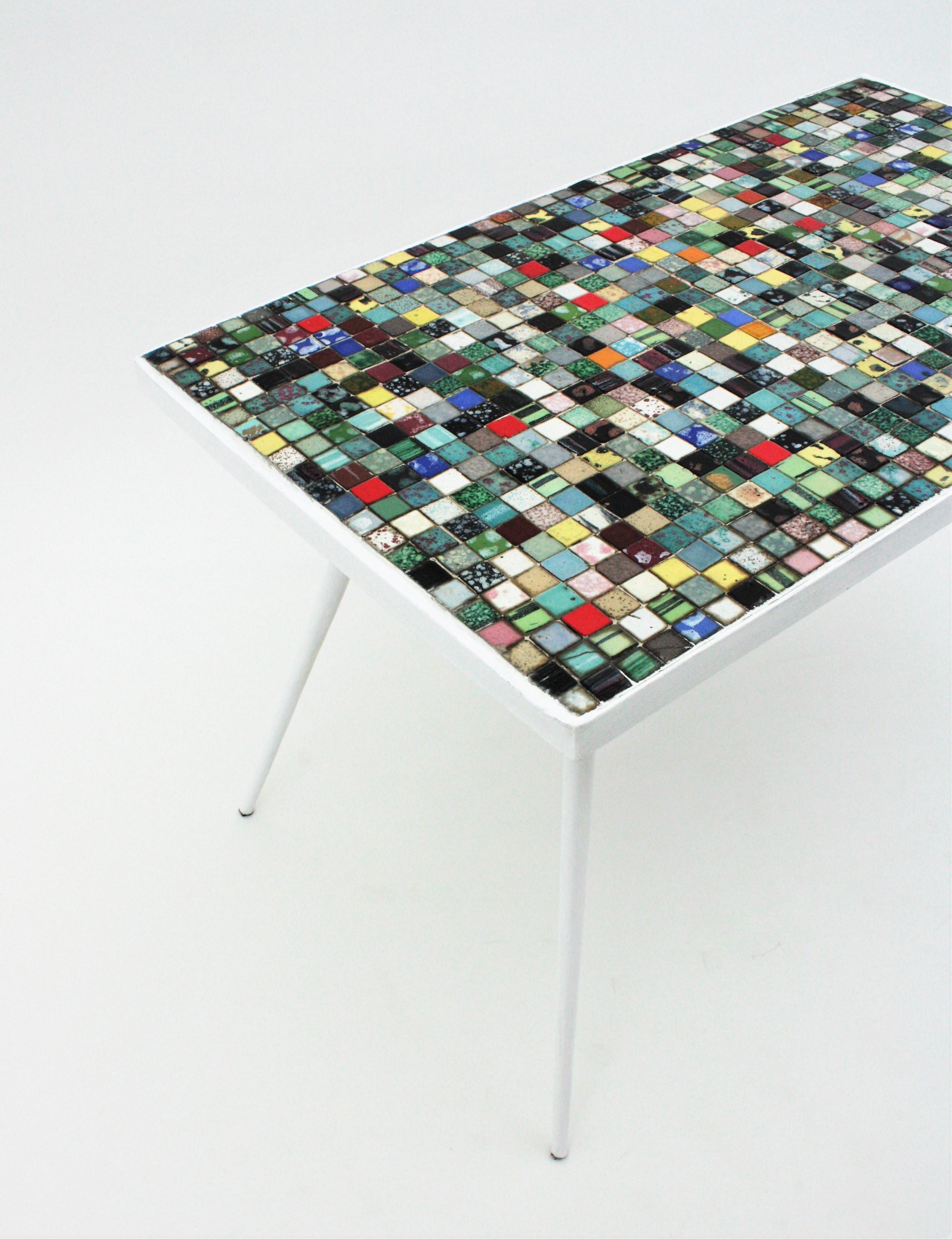 20th Century Mid-Century Modern Ceramic Mosaic Tile Top Table with White Painted Iron Legs