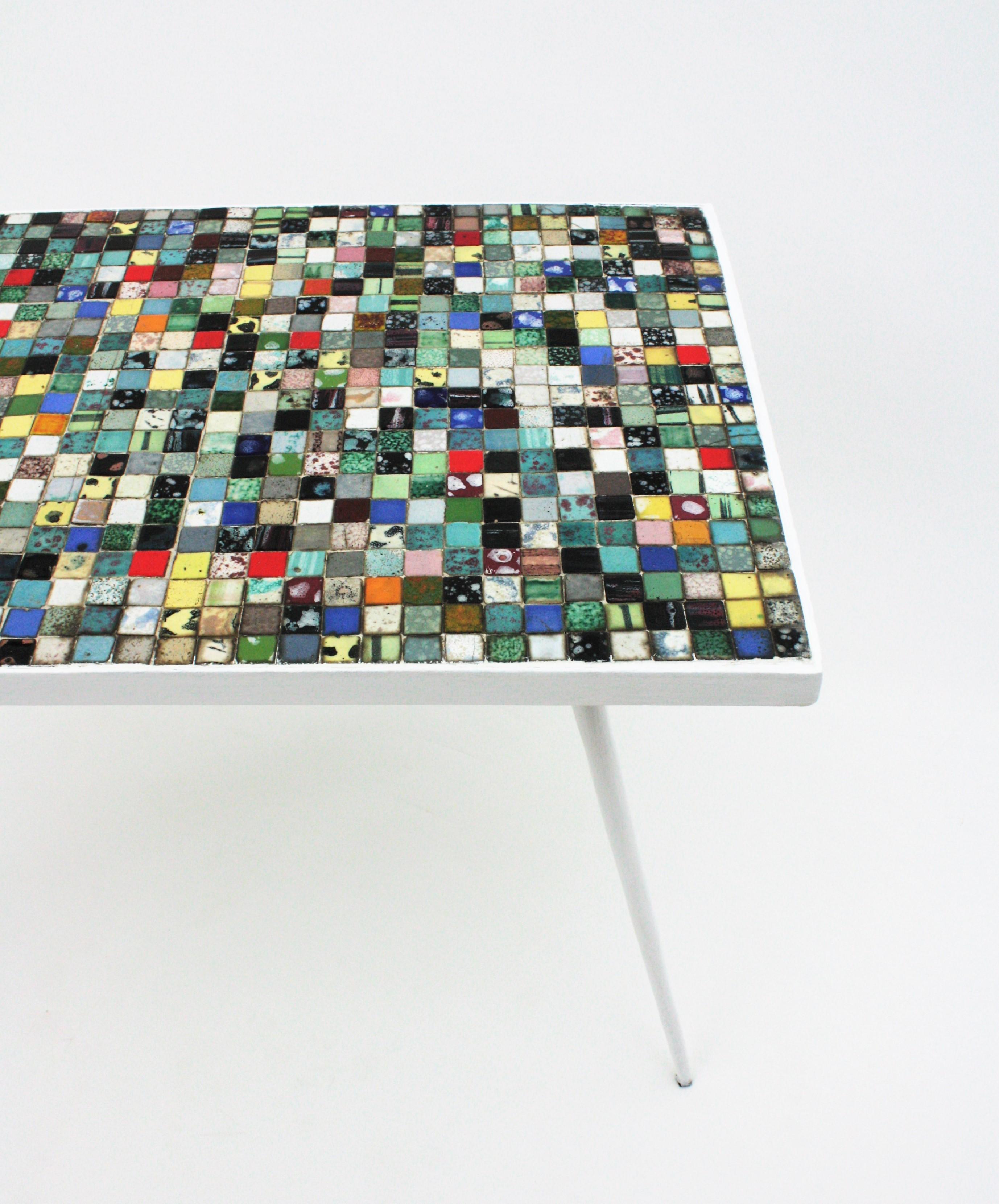 Mid-Century Modern Ceramic Mosaic Tile Top Table with White Painted Iron Legs 1