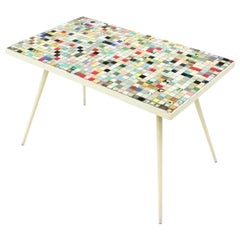Vintage Mid-Century Modern Ceramic Mosaic Tile Top Table with White Painted Iron Legs
