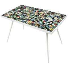 Mid-Century Modern Ceramic Mosaic Tile Top Table with White Painted Iron Legs