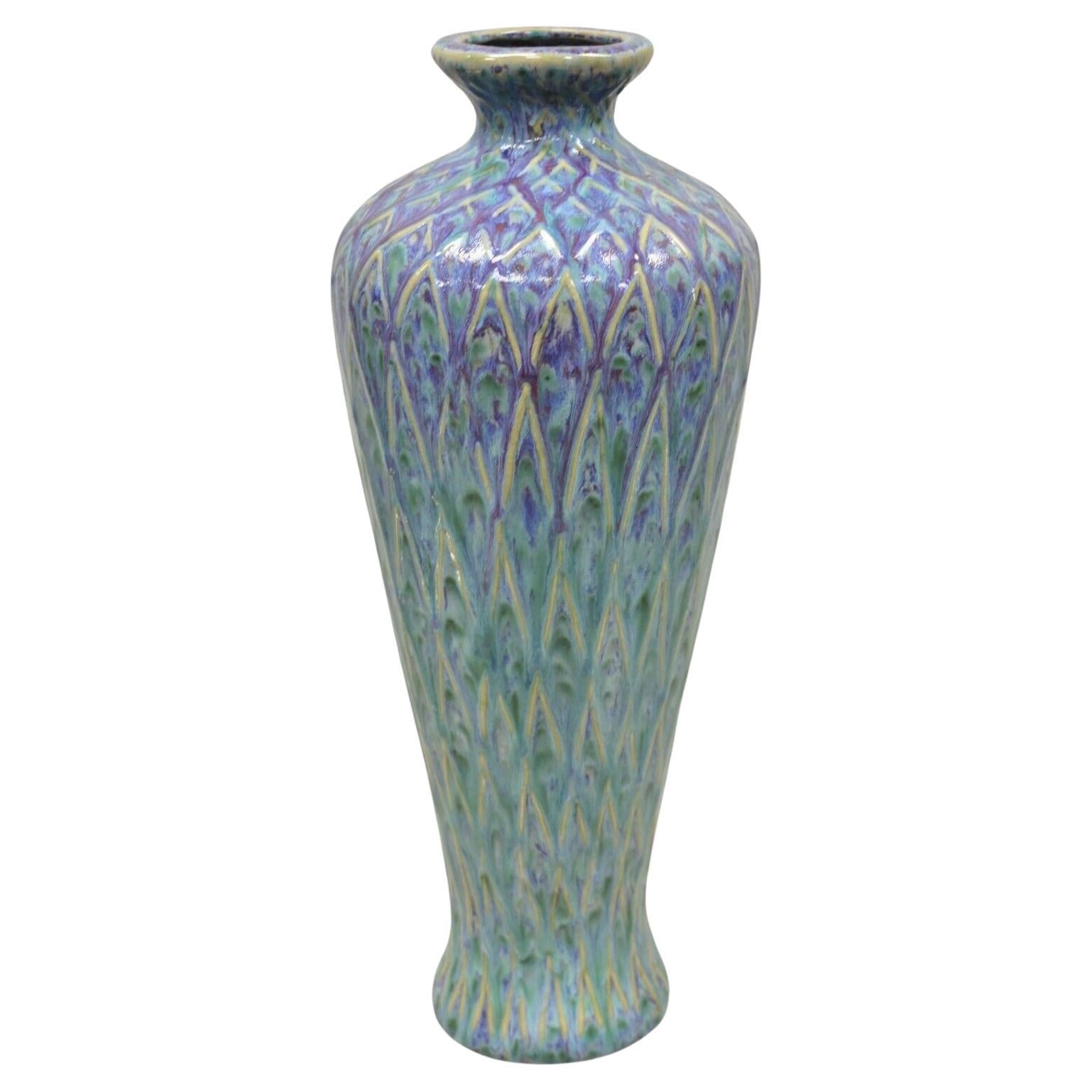 Mid Century Modern Ceramic Pottery Glazed Feather Pulled 20" Purple Blue Vase For Sale